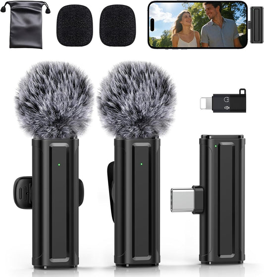 Wireless Mini Microphone for iPhone, iPad, Android, 2 Pack Lavalier Mic with 360° Rotatable Clip, Plug and Play Noise Reduction USB-C Mic for Video Recording YouTube TikTok Podcast Content Creators