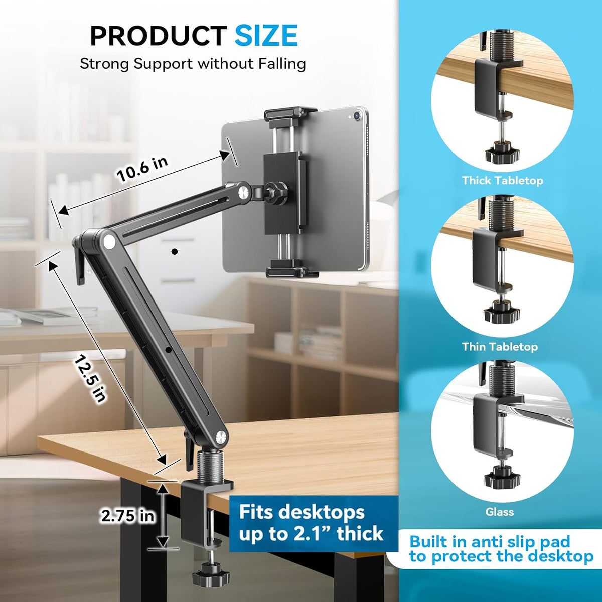 Portable Monitor Arm Mount Holder Screen Stand 18.5" 360° Rotating Base | Solid Aluminum,Tool-Free Tilt,No Sagging,Zero Plastic Joints,Hybrid Lock,Desk Protection Clamp for WFH Setups & Coding