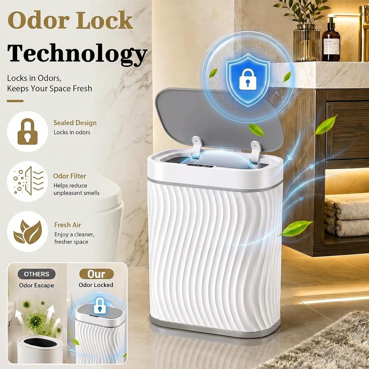 2.6 Gallon Automatic Bathroom Trash Can with Touchless Lid, White Grey