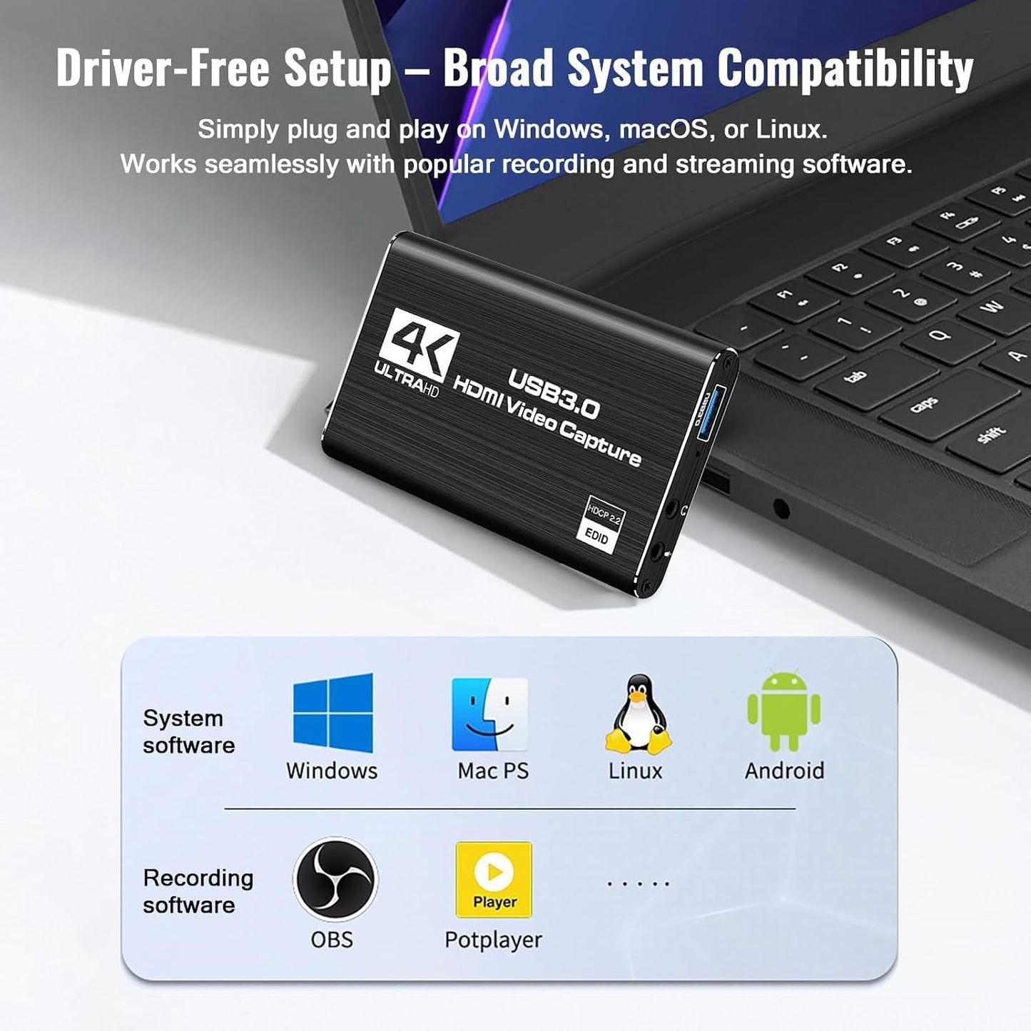 HDMI Video Capture Card 1080P 60FPS, USB 3.0 Game Capture Device | Compact & Portable for Streaming, Gaming, and Meetings, Compatible with Switch/PS4/PS5/PC/Laptop/OBS, Black