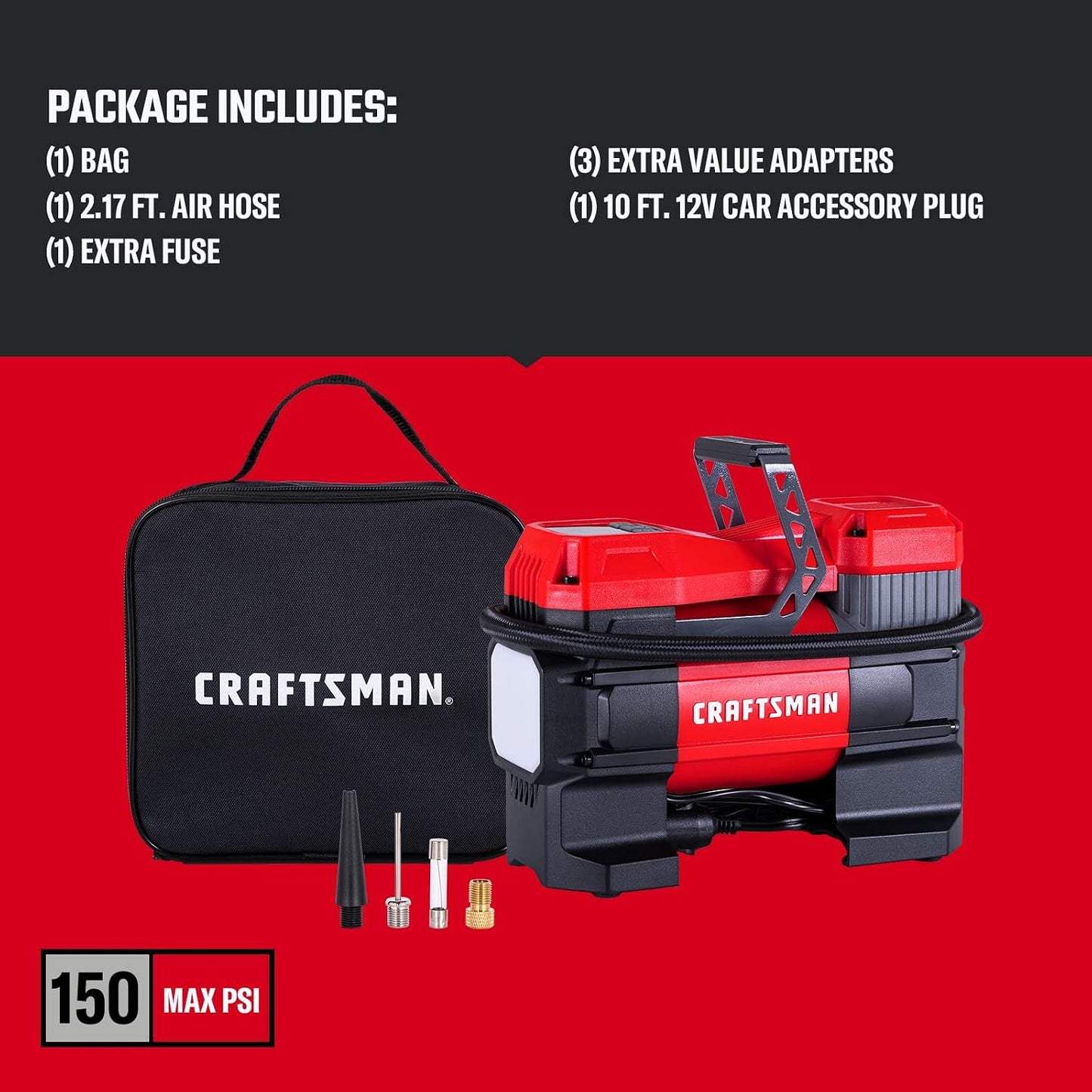 CRAFTSMAN Portable 12V Tire Inflator with Digital Gauge & Auto Shut-Off | 150 PSI Air Compressor with LED Light and 12V DC Car Plug Compact Air Pump for Car Tires, Bikes & Sports Equipment
