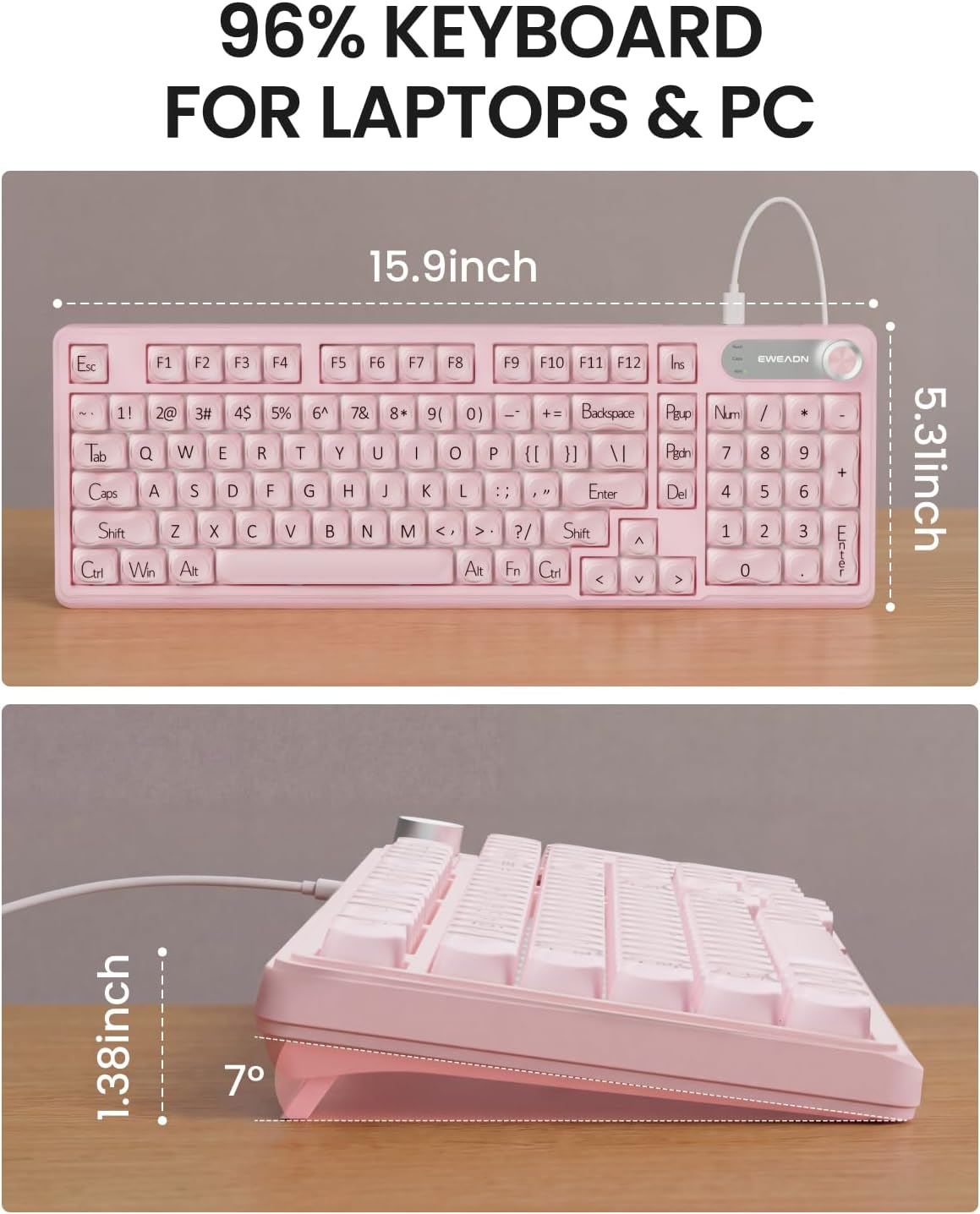 EWEADN V102 Wired Keyboard, 98 Keys Creamy Gaming Keyboard with Number Pad, Display Screen & Media Knob RGB Silent Wired Cute Computer Keyboard for Laptop PC Gamer - Pink