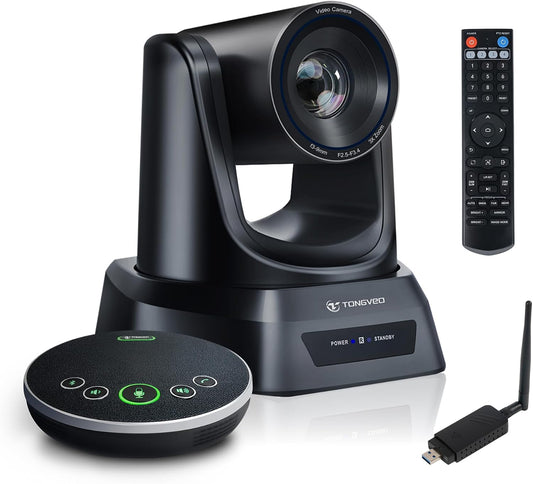 TONGVEO AI Wireless PTZ Camera System with Auto Tracking Built-in Receiver & Bluetooth Speakerphone, 5.8GHz 1080P 60fps Conference Camera with 3X Optical Zoom, for Church Zoom, OBS Meetings
