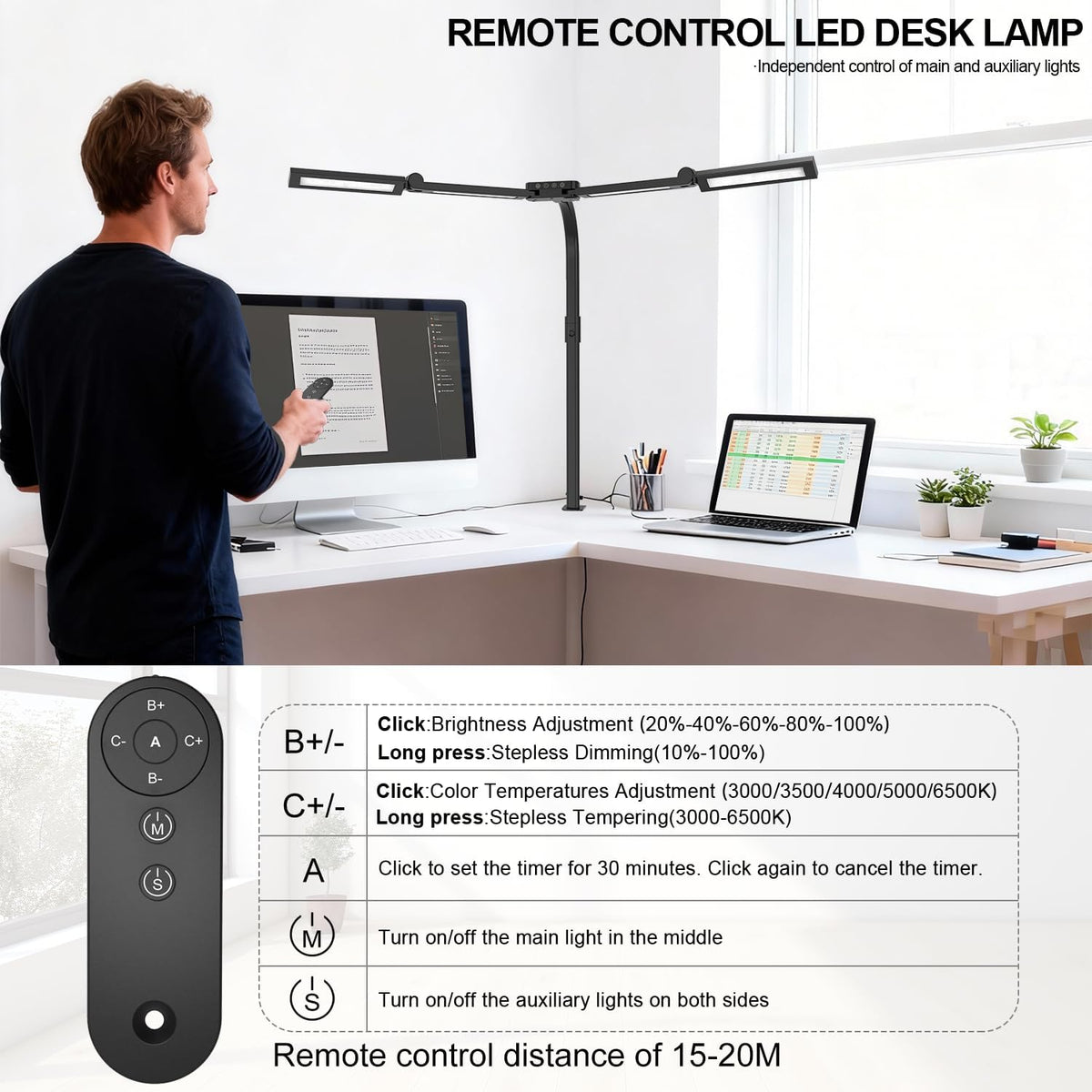 24W Bright Led Desk Lamp with Remote, 1500LM Architect Desk Light for Home Office with 4 Adjustable Light Bars & Clamp, Gooseneck Tall Drafting Table Lighting for Computer Monitor Hobby Puzzle