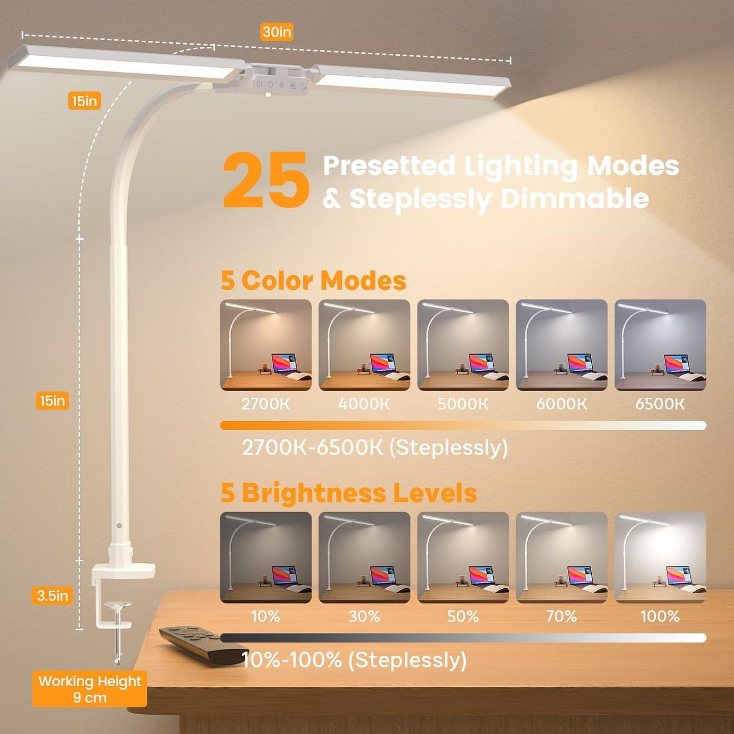 SIBRILLE Upgraded LED Desk Lamp for Home Office with RGB, Rotatable Computer Desk Light with Remote, Tall Table Lamp with Clamp for Working, Dimmable Dual Head Task Lighting for Monitor PC, 22W