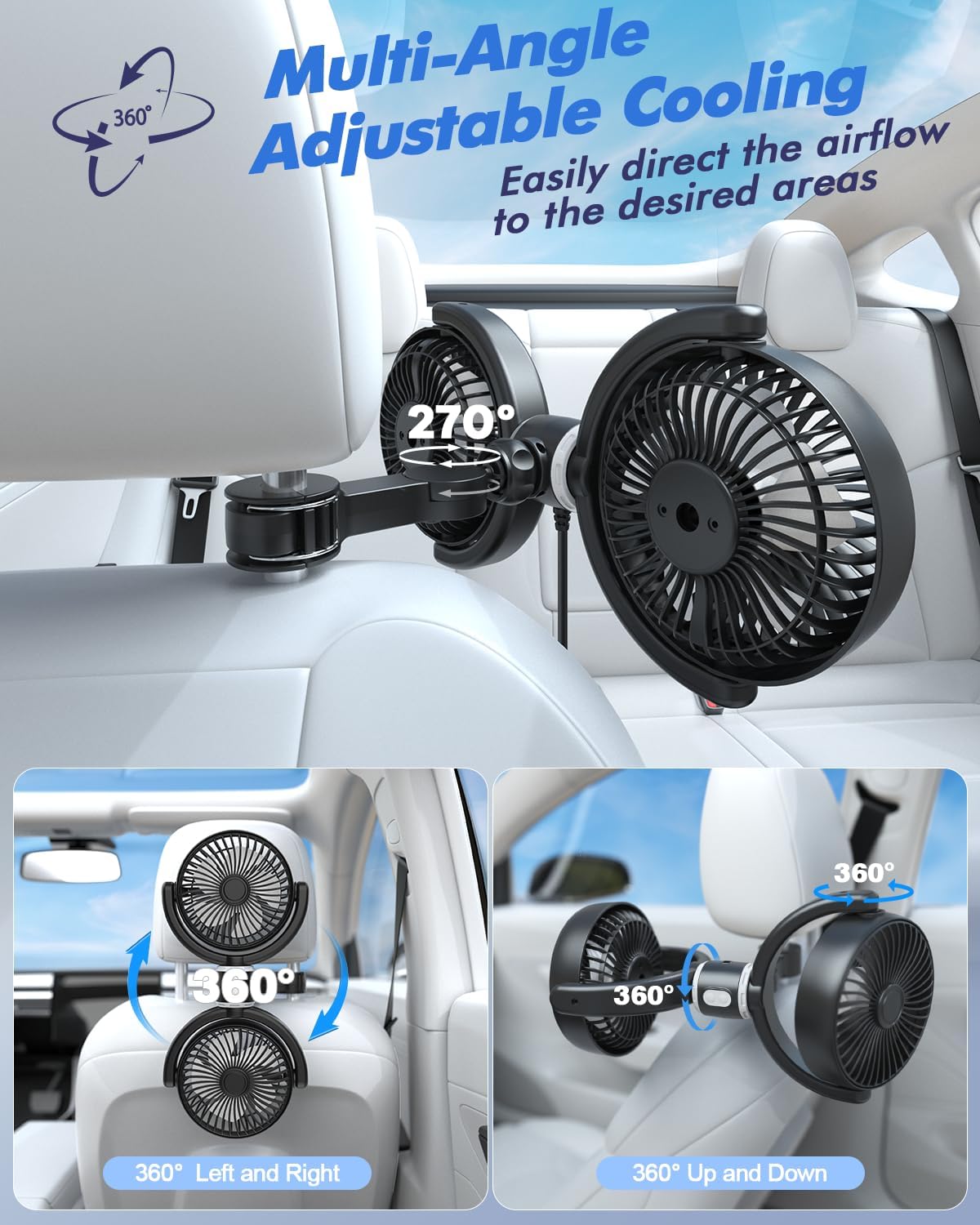 Car Fan USB Powered for Baby Backseat with 3 Speed Separately Controlled | Dual-Head Back seat Fan,Quiet Brushless Motor,360°Rotatable,5V/2A,Air Circulation For Van Truck SUV RV Backrests