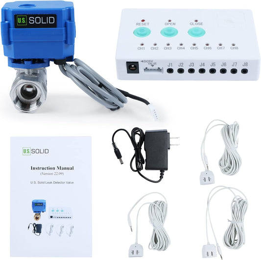 U.S. Solid Water Leak Detector with Auto Shut-Off Valve & Sound Alarm, 3/4" NSF Certified 304SS Motorized Ball Valve with 3 Sensors, Smart Sensor System for Water Heaters, Laundry & Flood Prevention