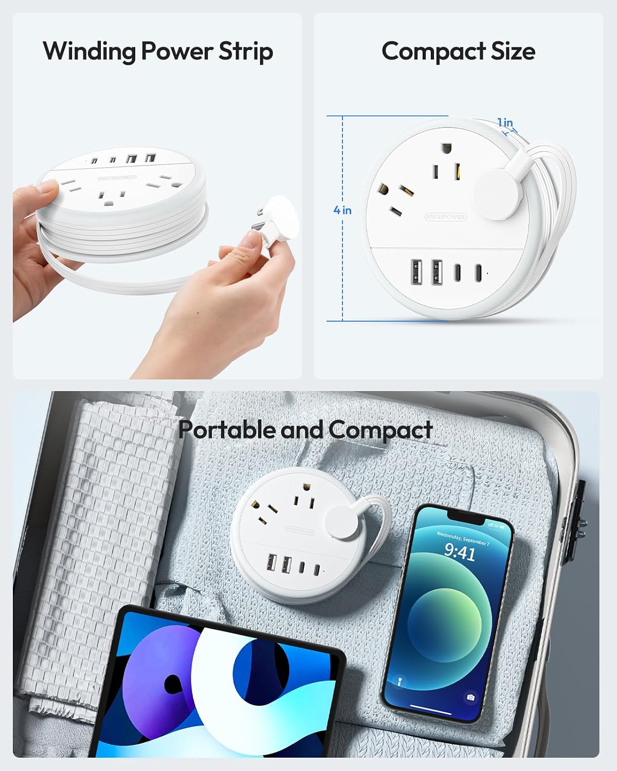 NTONPOWER Travel Power Strip, Travel Essentials, Cruise Essentials 2026 | Cruise Approved Power Strip, 3 Outlets 4 USB Ports(2 USB C), 4FT Wrapped Around Cord, Beach Vacation Essentials, Travel Gift