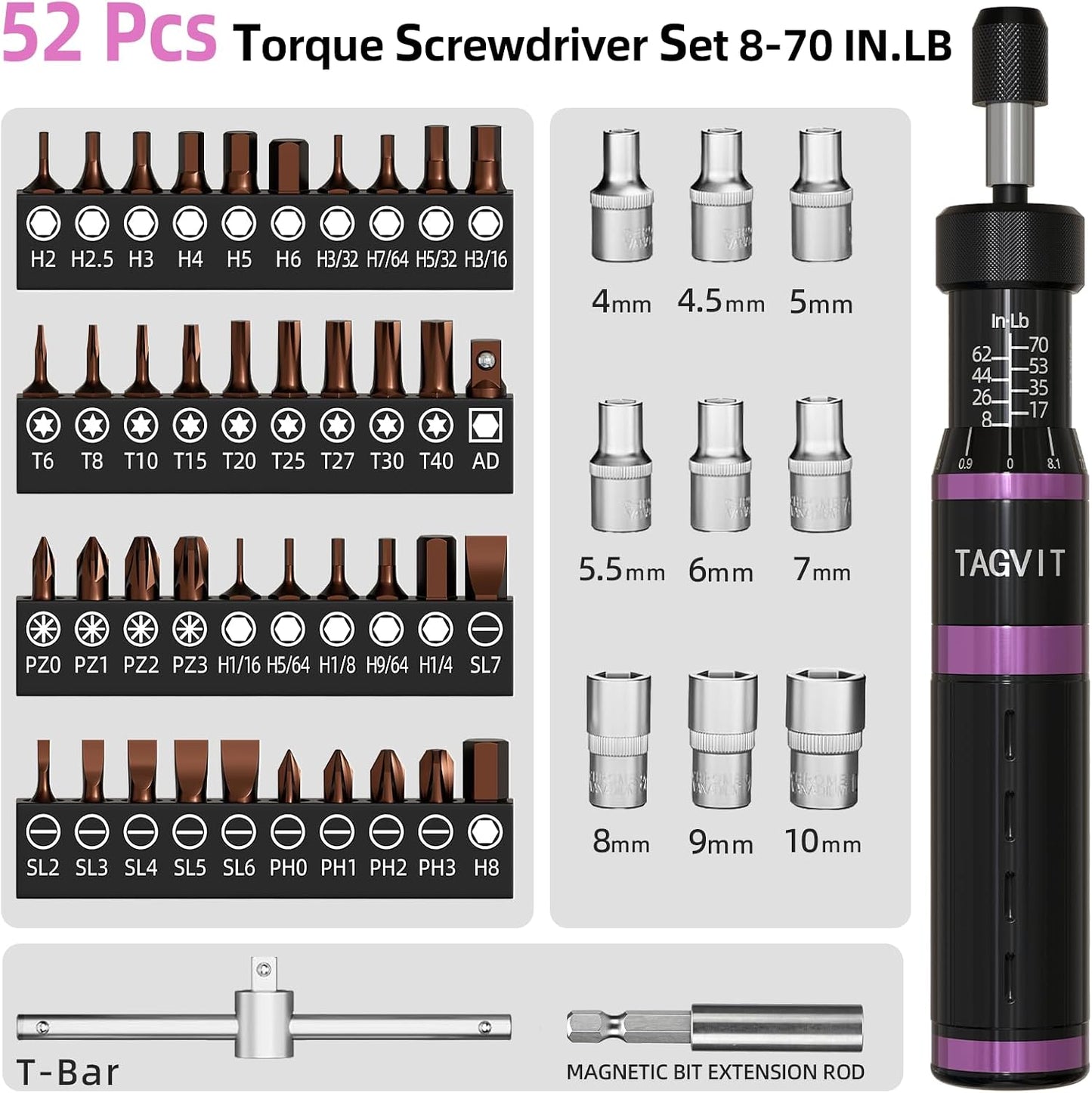 1/4" Torque Screwdriver Set, 8-71in-lb Adjustable Precision Torque Screwdriver Kit, S2 Steel Bits & Quick Lock Adjustment, 52PCS Professional Repair Tool Kit for Electronics, Optics, Smart Lock, DIY