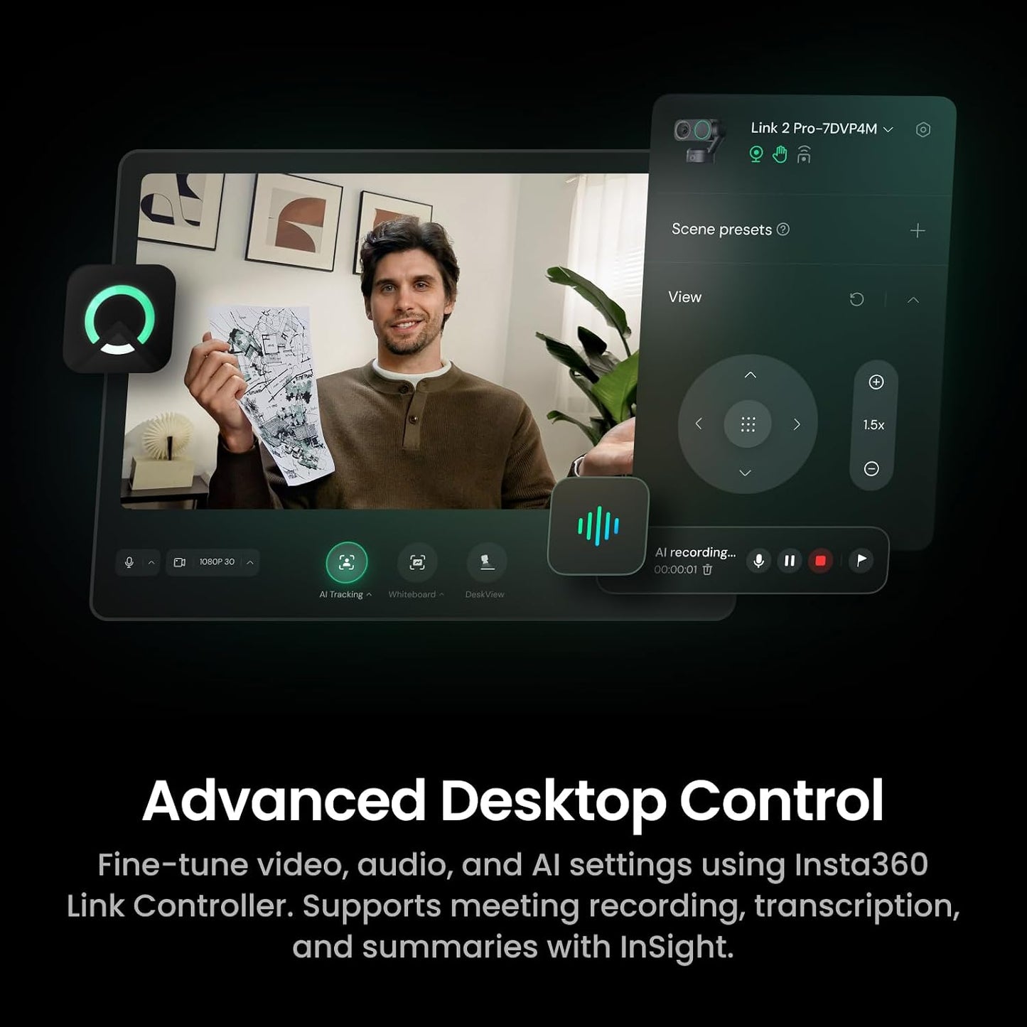 Insta360 Link 2 Pro – 4K PTZ Webcam for PC/Mac, 1/1.3” Sensor, Low-Light, AI Tracking, HDR, Directional Noise-Canceling Mics, Supports Stream Deck, Zoom, Teams, Twitch for Streaming or Meetings