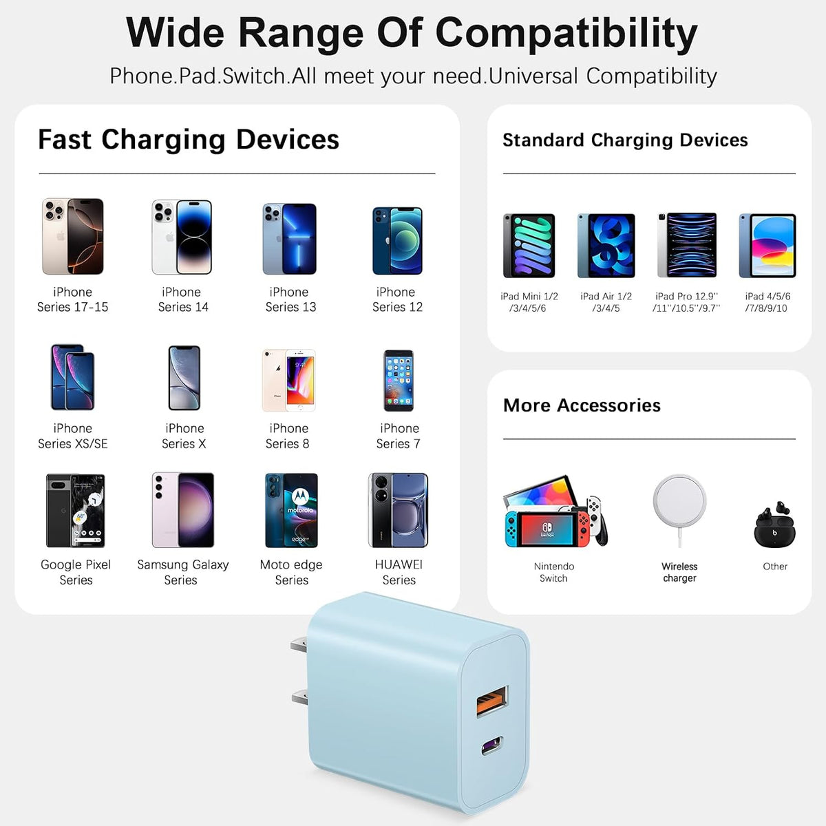 iPhone 17 16 15 Charger Fast Charging USB C Charger Block Type C Chargers Charging Block with 3 Pack 10FT Cable for iPhone 17/17 Plus/17 Pro Max/16/16 Plus/16 Pro Max/15 Pro Max/iPad Pro(Blue)