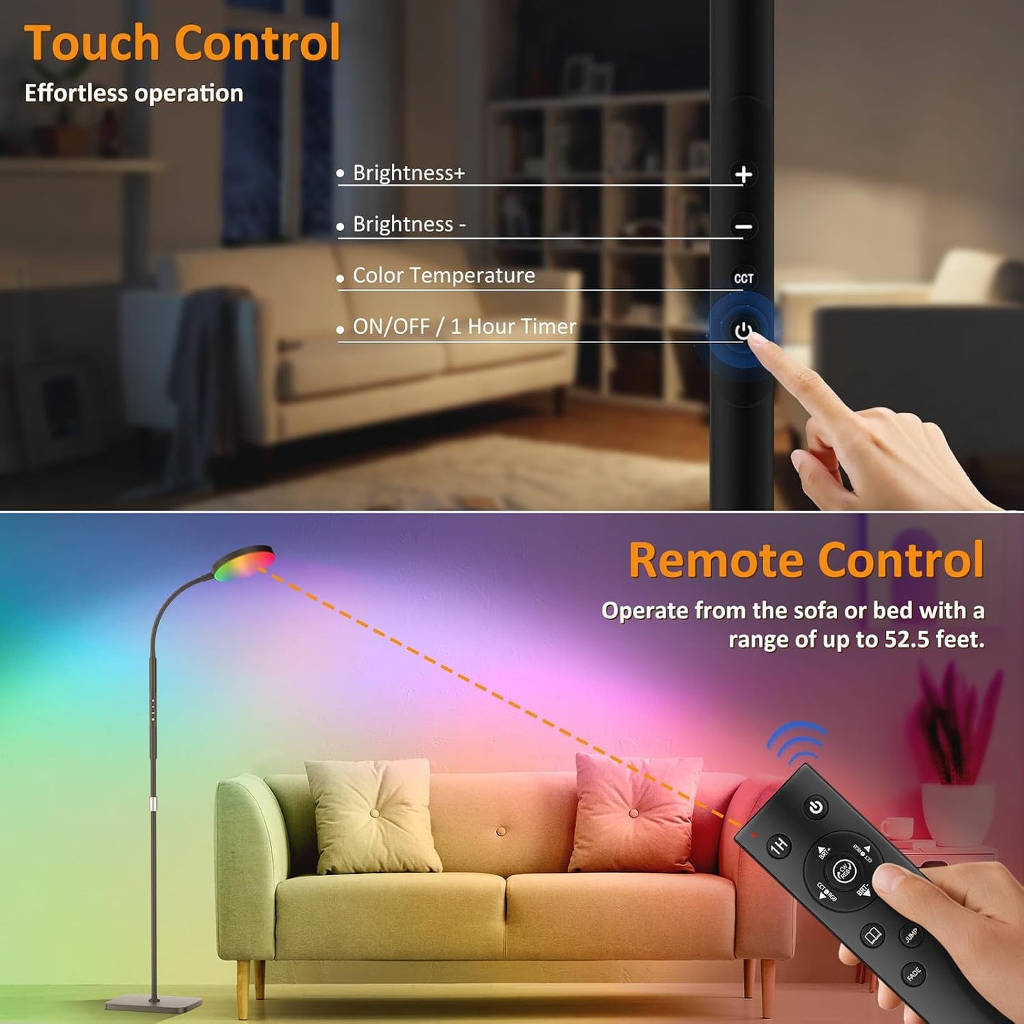 PACOVY Floor Lamp, Adjustable Height Floor Lamps for Living Room Bedroom, 120 LED Super Bright Standing Lamp Remote Control Dimmable Gooseneck Tall Stand Reading Lamp for Office Craft, Black-RGB