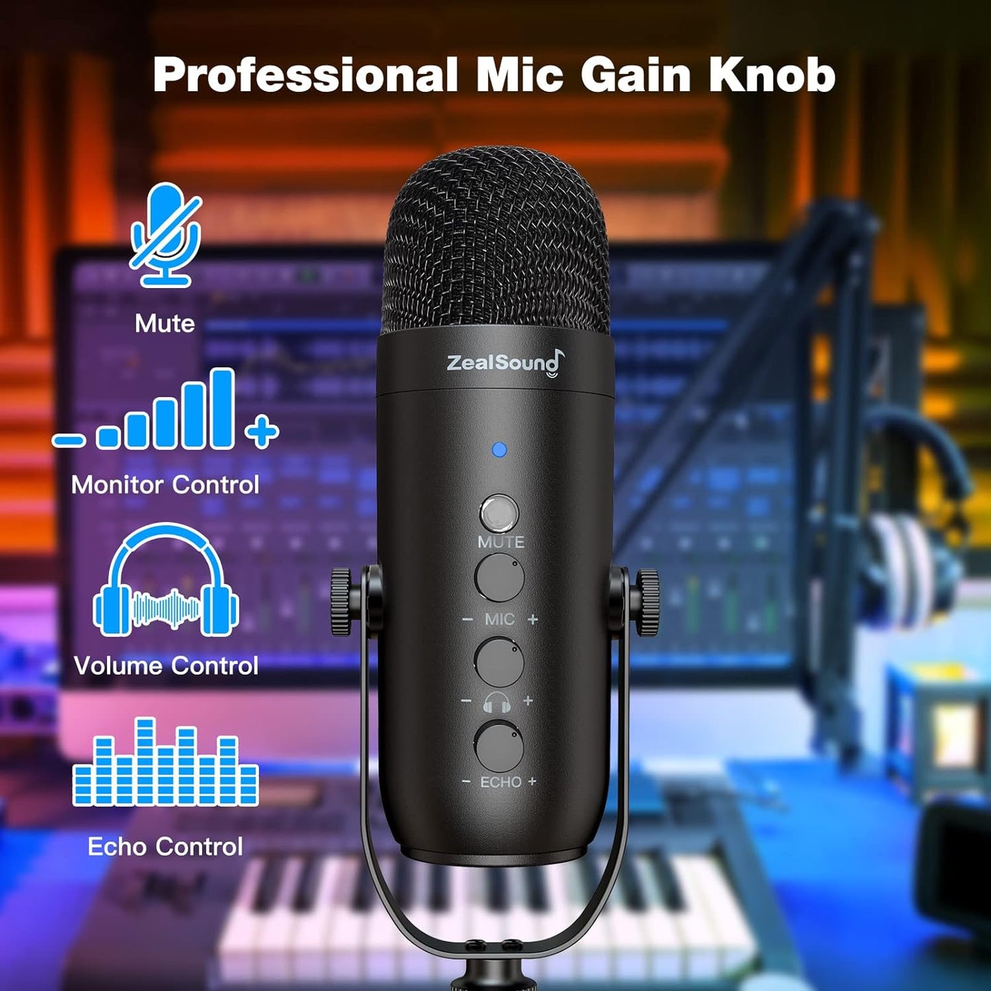 ZealSound Podcast Microphone with Boom Arm, USB Mic with Noise Reduction, Mute, Echo & Volume Control, Zero-Latency Monitoring, Compatible with PC Mac iPhone & Android, for Podcasting Gaming YouTube