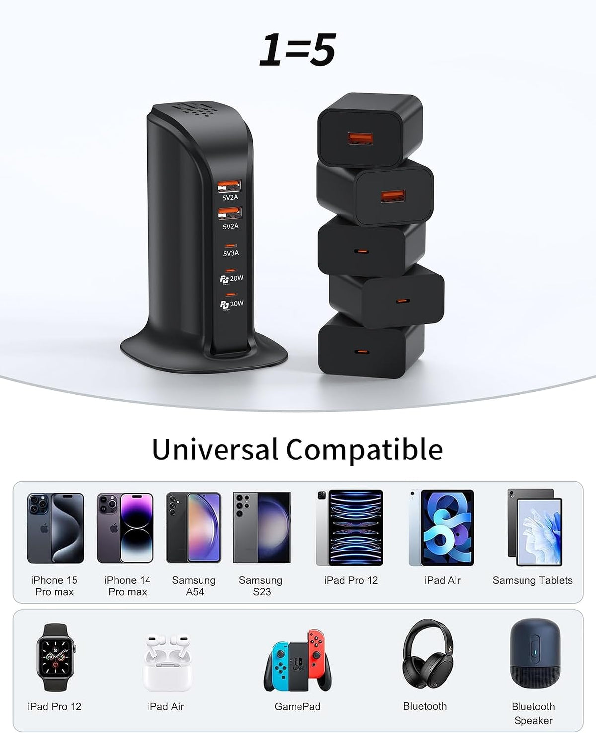 Charging Station for Multiple Devices: 5 USB Ports Wall Charger Block with Extension Cord, PD 20W Fast Charging Hub Charger Tower for iPhone iPad Tablets Smartphones, Home Office Use (Black)