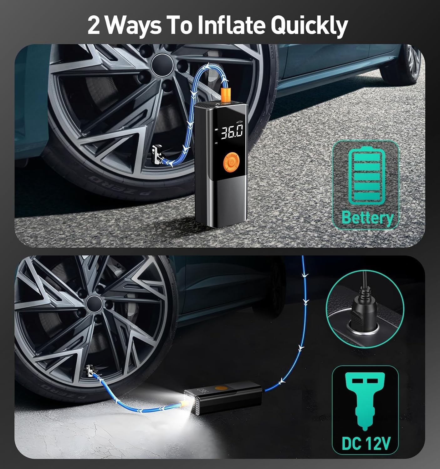 Teffim Tire Inflator Portable Air Compressor, Air Pump for Car with Pressure Gauge,Tire Inflator for Car Motorcycle Bike Pump