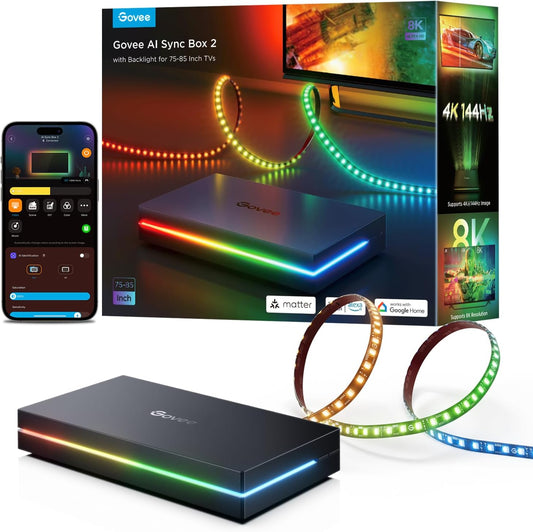 Govee HDMI 2.1 AI Sync Box 2, 8K/4K @144Hz, RGBWIC for 75-85 Inch TVs | With TV Backlight, Supports VRR & ALLM, SmartThings & Matterr & Alexa, AI CogniGlow, 75 LEDs/m