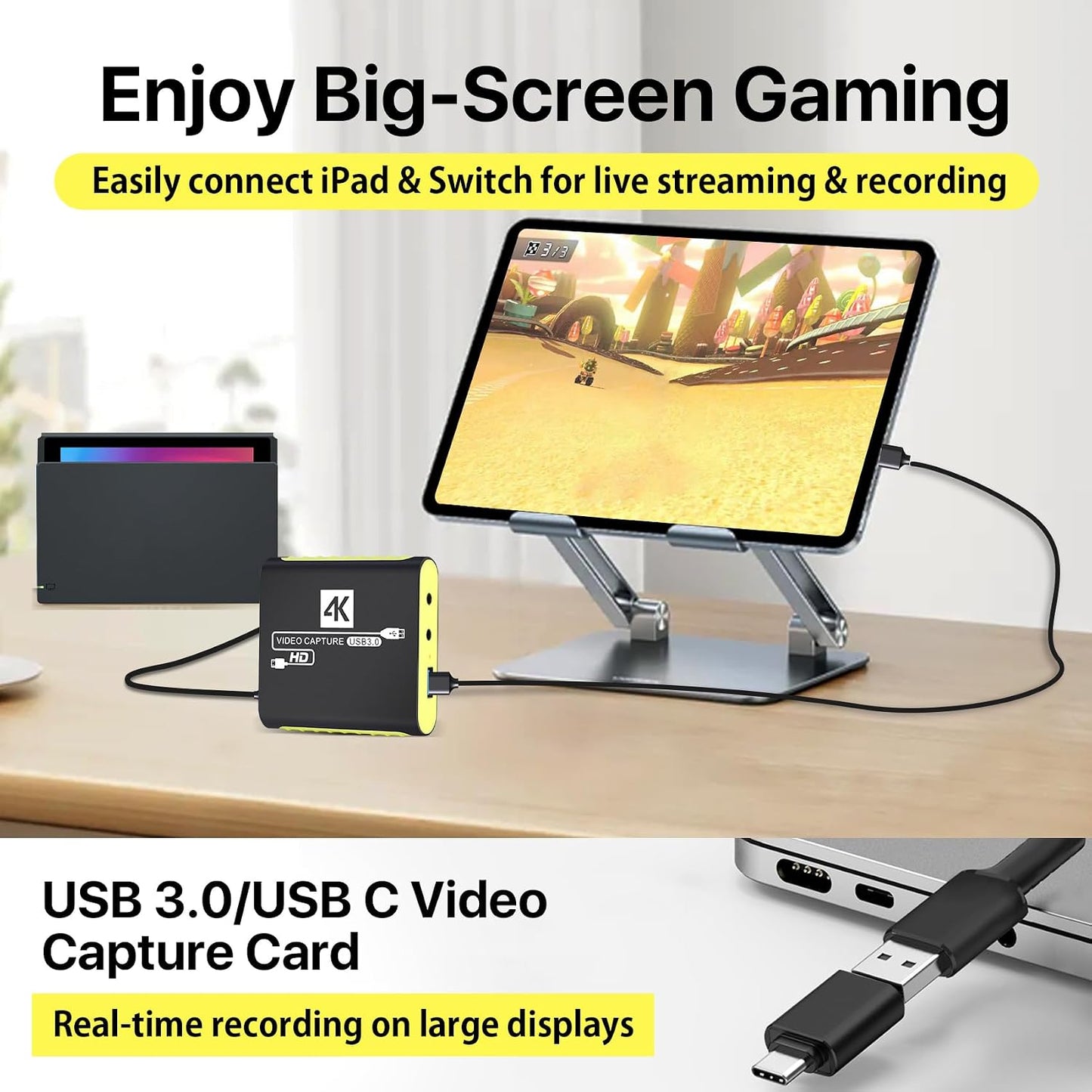 HDMI Capture Card for Nintendo Switch 2, 1080P 60FPS, Yellow | USB 3.0 plug and play, 4K 30Hz passthrough, works with OBS, PS5, Xbox, PC and Mac