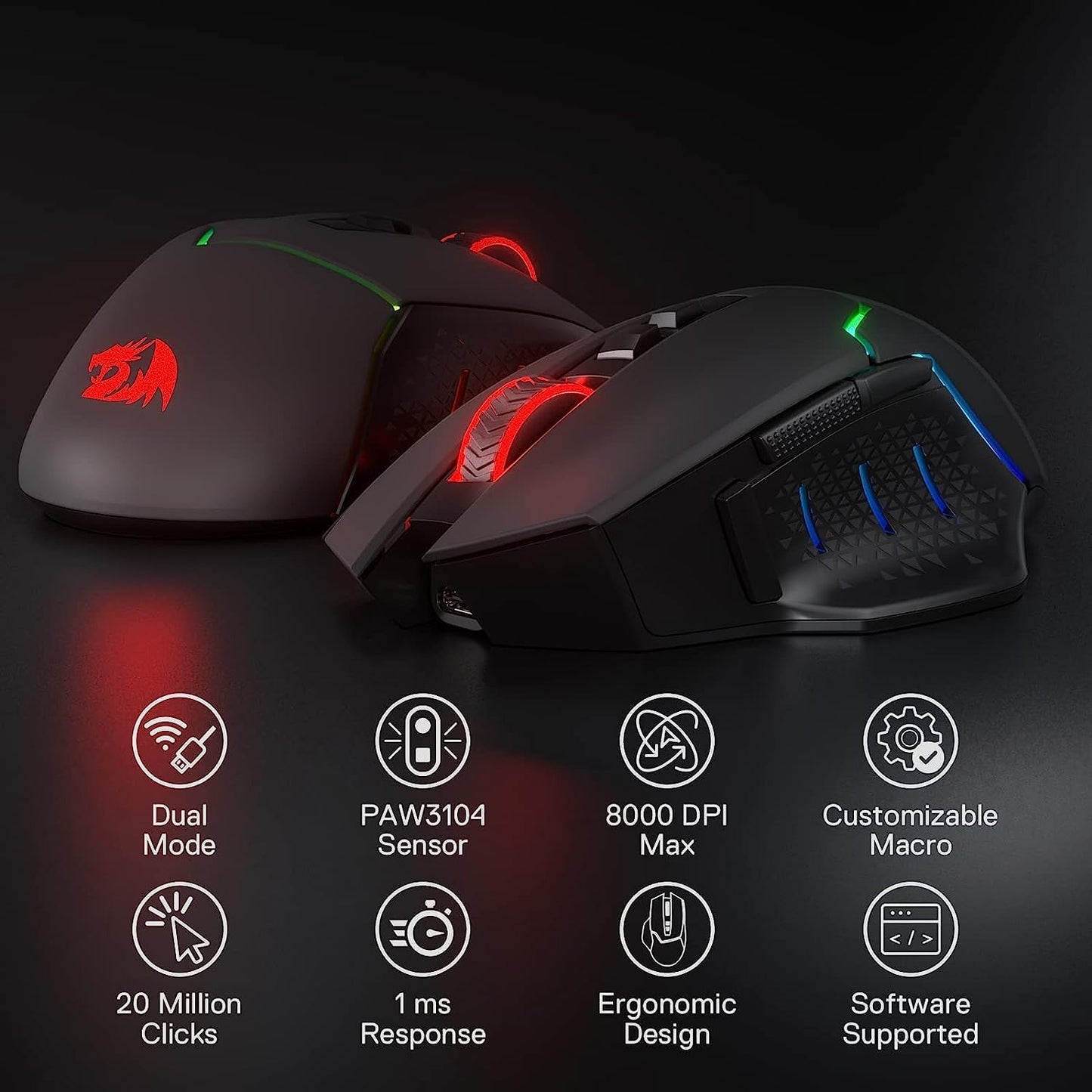 Redragon M690 PRO Wireless RGB Gaming Mouse 8000 DPI Remapping Keys | Cable-Free 0 Delay, Rapid-Fire Macro Keybinds, Vibing Backlight, Ergonomic Grip Body Comfort