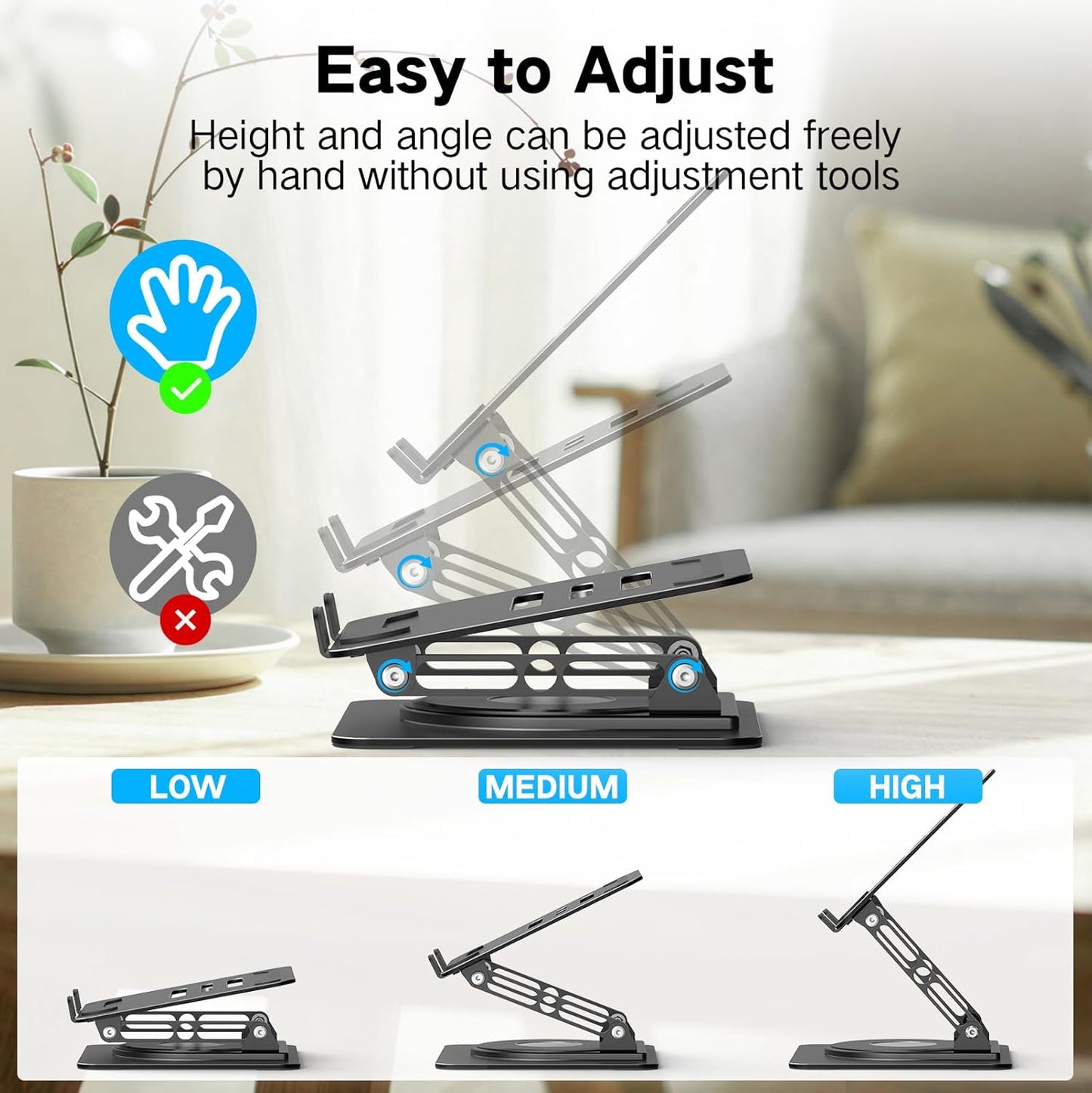 Adjustable Laptop Stand for Desk with 360 Rotating Base | Metal Foldable Laptop Riser Holder, Portable Desktop Book Stands, Ventilated Cooling Notebook Stand for 10-15.6” Laptops