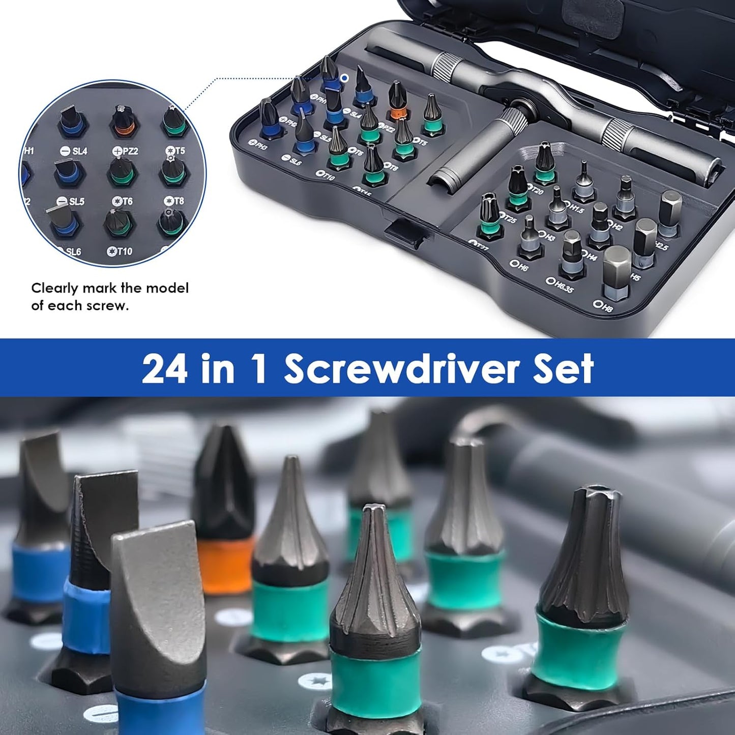 24 in 1 Magnetic Ratchet Screwdriver Set, Multi Precision Repair Tool Kits | Detachable Handle & Multi Bits, Portable DIY Hand Tool Kit for Gifts, Computer, Bicycle, Furniture, Electronics