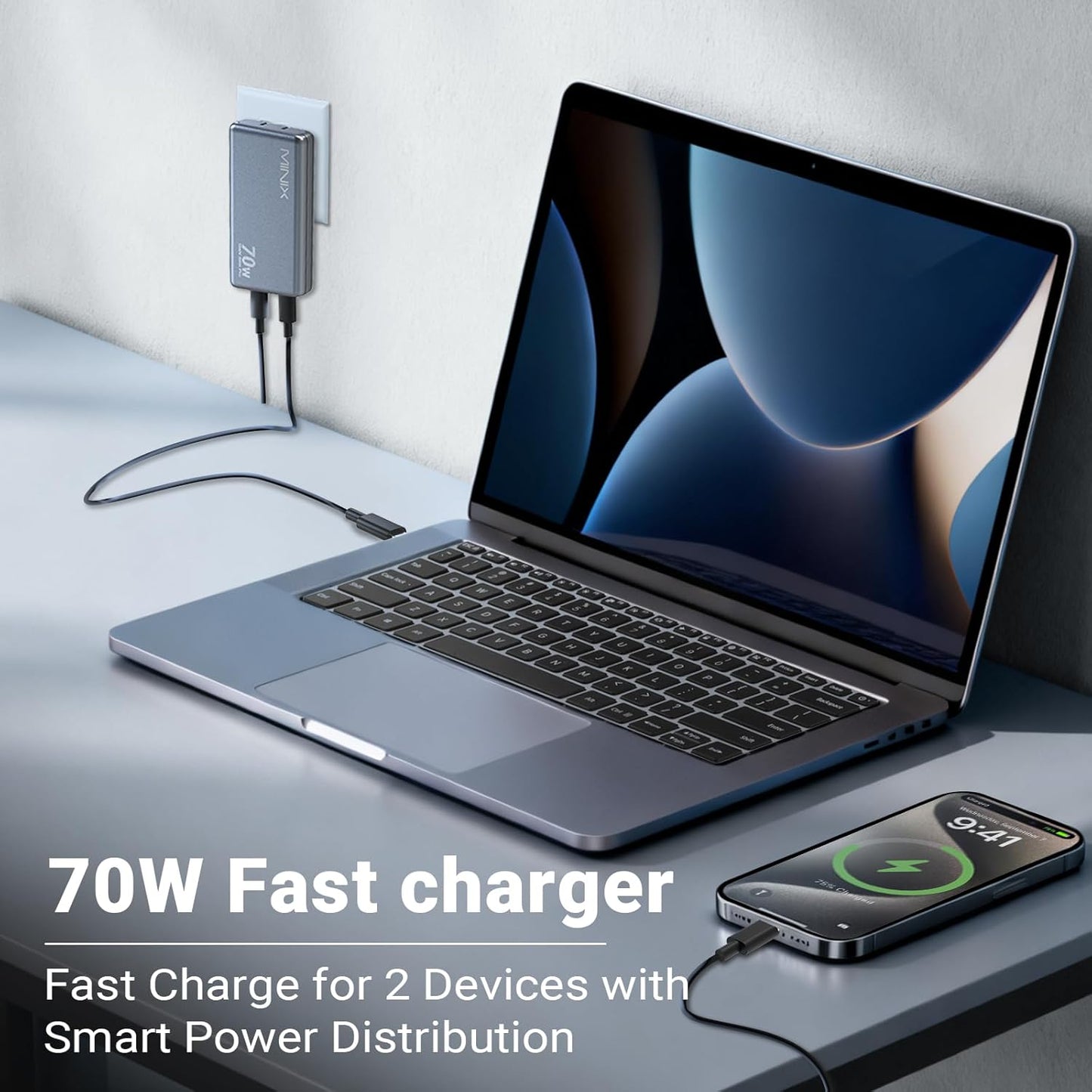 MINIX 70W Flat USB C Wall Charger, Slim Foldable Dual Type C GaN Plug | Fast Charging Block for iPhone 17 16 15 Pro Max, MacBook Air, iPad Pro, Galaxy S25 S24, Pixel 10, Steam Deck