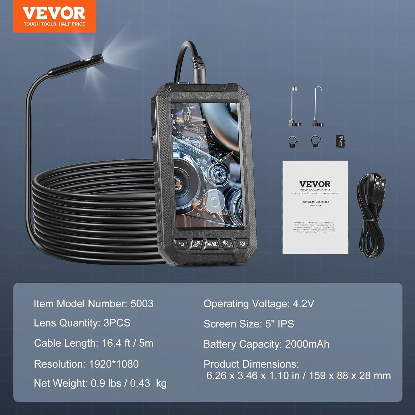VEVOR Endoscope Camera with Light, Triple Lens Industrial Borescope, 5" Screen 1080P Inspection Camera, 8 + 2 Lights, IP67 Waterproof Snake Cameras for Automotive, Plumbing (16.4FT Cable, 32GB Card)