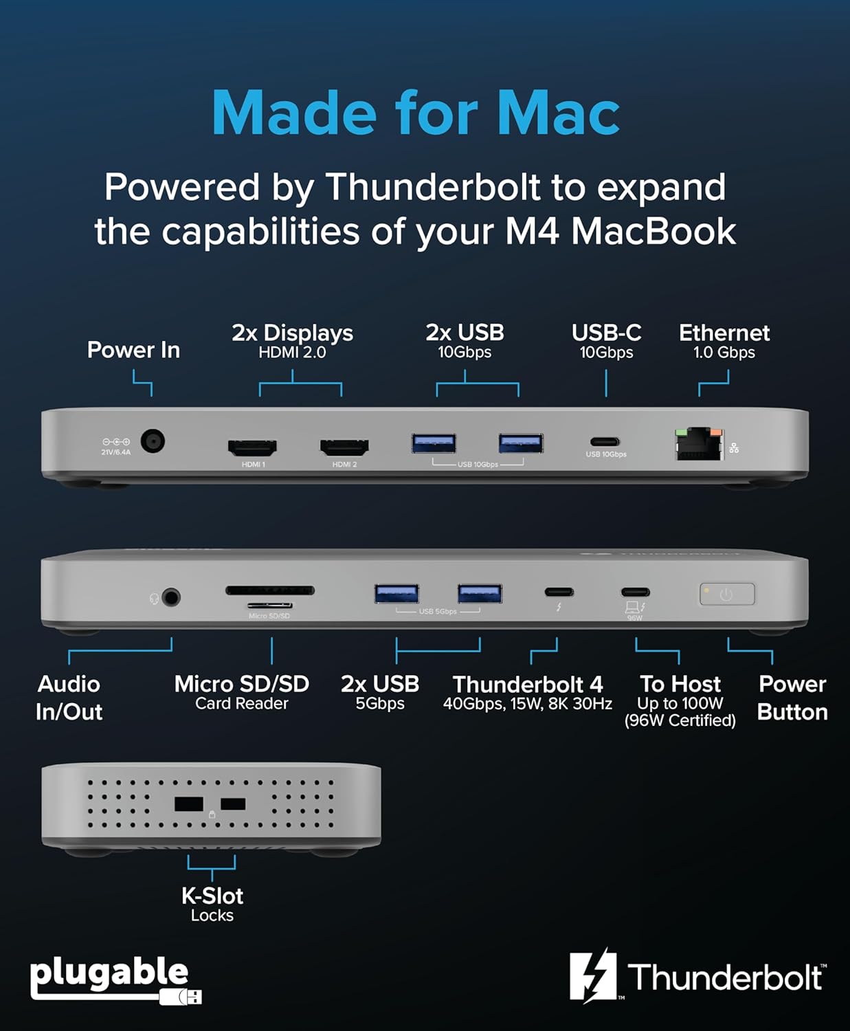 Plugable Thunderbolt 4 Dock for M4/M5 MacBook Air & Pro: 100W Charging Driverless Laptop Docking Station with 4K HDMI Dual Monitor or Single 6K, 6X USB, SD, Ethernet, Thunderbolt Certified (TBT-UDM)