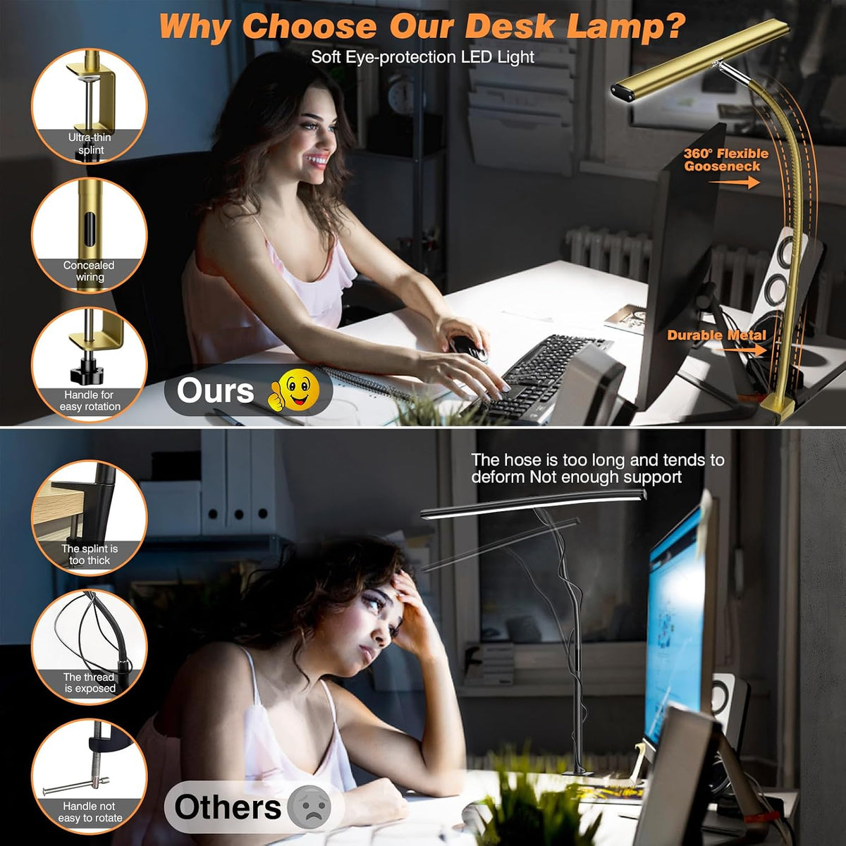 Airlonv LED Desk Lamp with Clamp, 17" Stepless Dimming Light, Gold