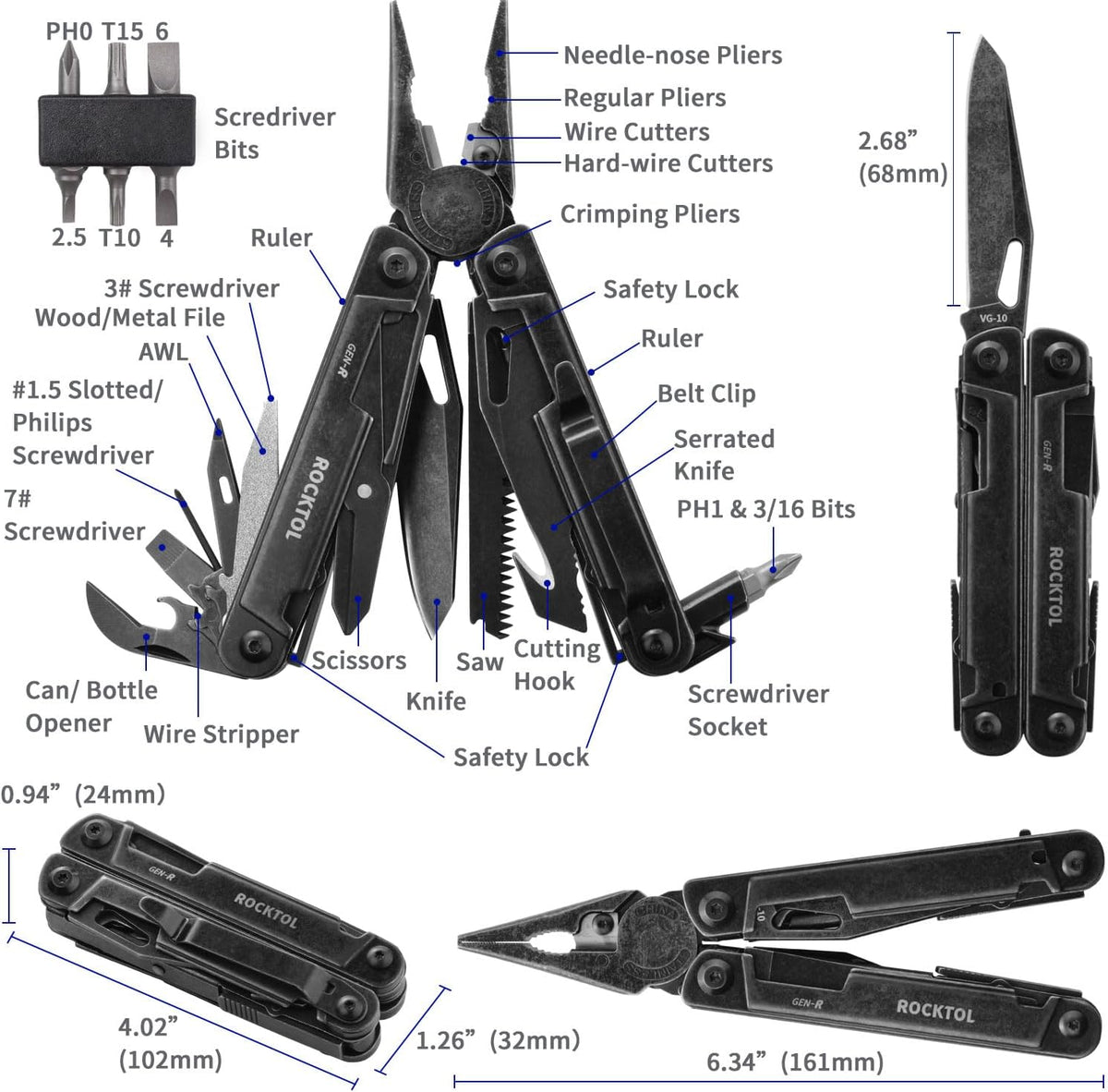 Gen-R RB Multitool Pliers, VG10 Blade, 27-in-1 Multi-tool, EDC Pocket Knife, Retro Black Finish, Precision Screwdriver, Gut Hook for Hunting, Backpacking, Hiking, Camping