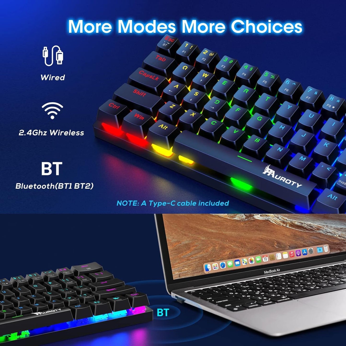 Pauroty 60% Wireless Mechanical Keyboard, Triple Mode 2.4G/USB-C/Bluetooth Gaming Keyboard, RGB Backlit, Clicky Blue Switch, 61 Keys Rechargeable Mini Wireless Keyboard for iPad Mac PC Xbox