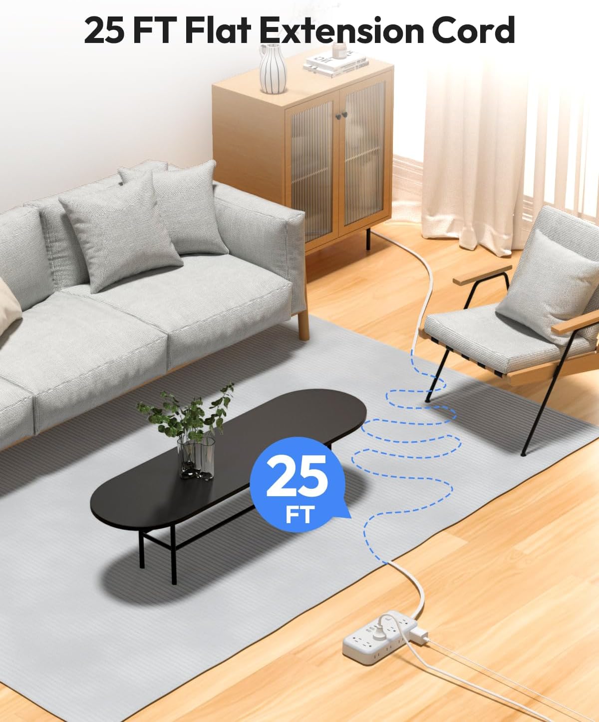 Flat Extension Cord 25 FT, NTONPOWER Long Power Strip, 10 Outlets 4 USB Ports (2 USB C), 3 Side 3 Prong & 2 Prong, Overload Protection, Flat Plug Wall Mount, White, SurgePro