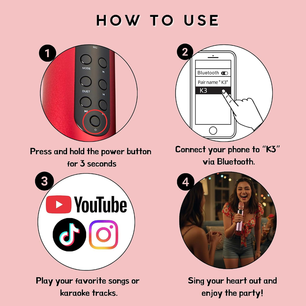 Bluetooth 5.3 Wireless Karaoke Microphone, Portable Handheld Mic with 10W Speakers, Clear Vocals & Echo, Home Party Karaoke Machine, Gift for Men (Red)