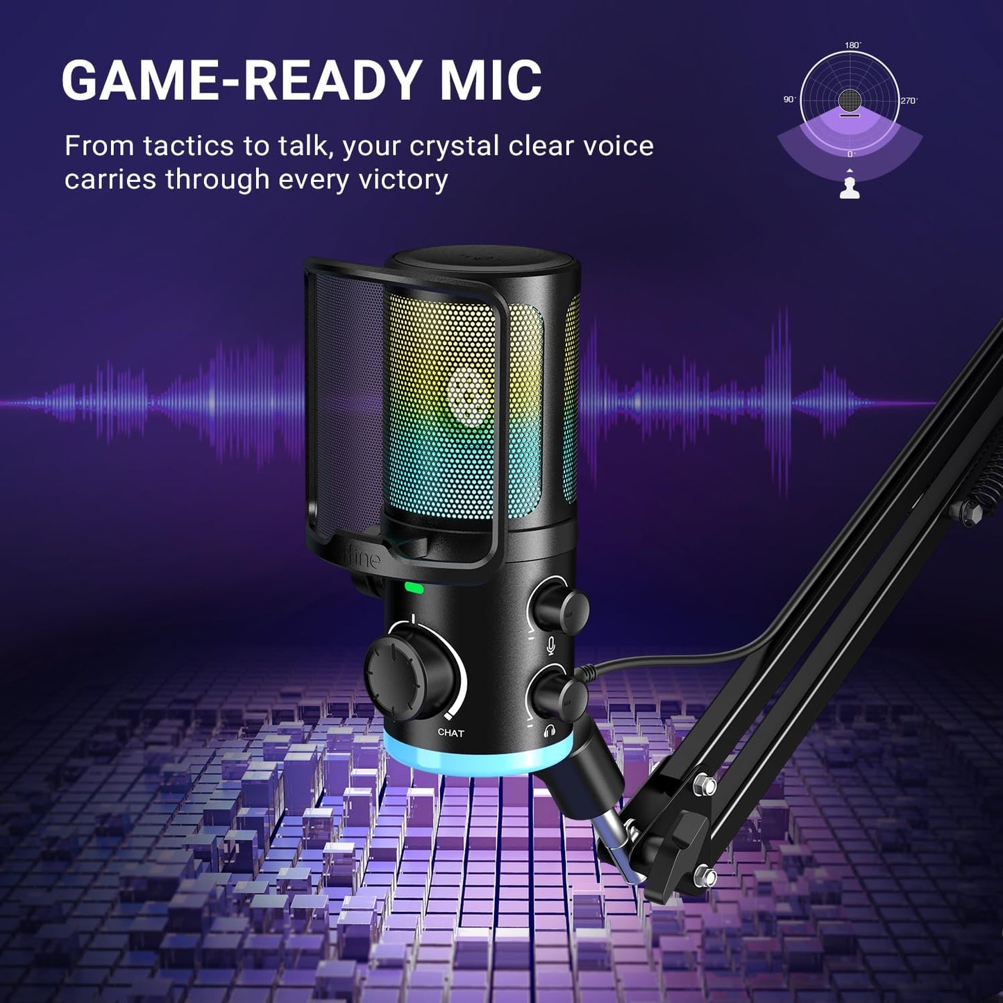 FIFINE AmpliGame AM6T Gaming USB Microphone Kit, Condenser Mic for PC/PS5 | Noise Cancellation, ChatMix Dial, Quick Mute, RGB Control, Gain Knob, Boom Arm, Monitoring, for Streaming Twitch Podcast