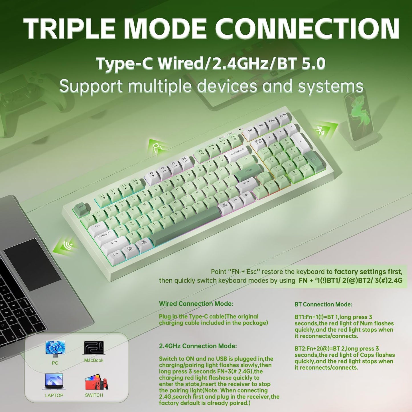 LEOBOG X Aula Green Keyboard Wireless Gaming Keyboard Creamy Silent | 98 Keys,Quiet,RGB Backlit,2000mAh Computer Keyboards Membrane Creamy Keyboard with Number Pad,Tri-Mode BT/2.4GHz/USB-C