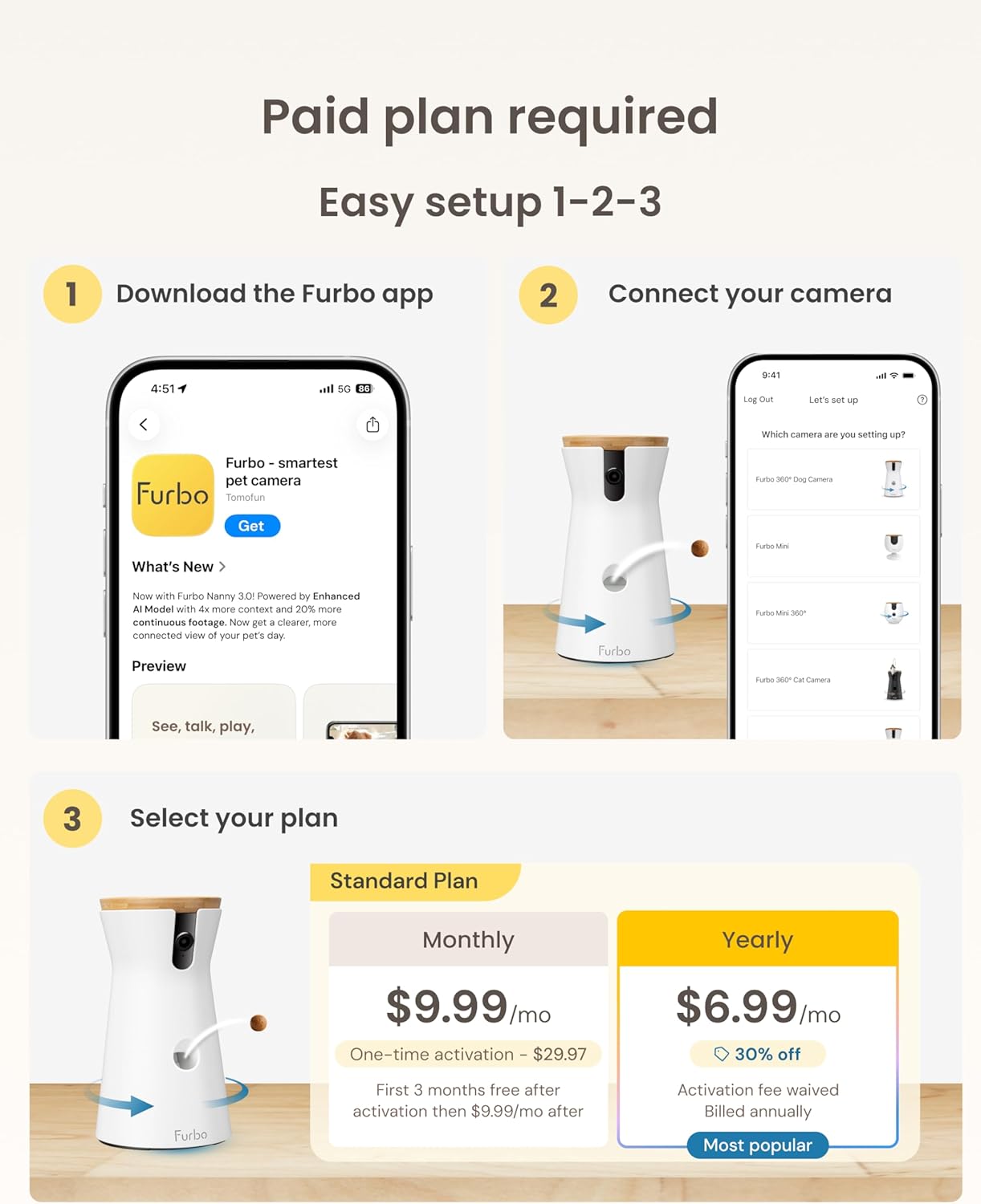 Furbo 360° Dog Camera [Paid Plan Required to Activate] | Stay connected with AI Dog & Home Safety Alerts, Treat Toss, Auto-Tracking, Video History, 2-Way Audio (Subscription 3mo min)