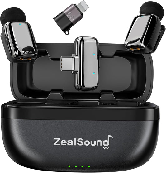 ZealSound Mini Wireless Lavalier Microphone for iPhone iPad Android, Dual Channel Wireless Microphones with Noise Cancellation, Mute & Volume Control, 33H Battery Case, USB-C & Lightning Plug & Play