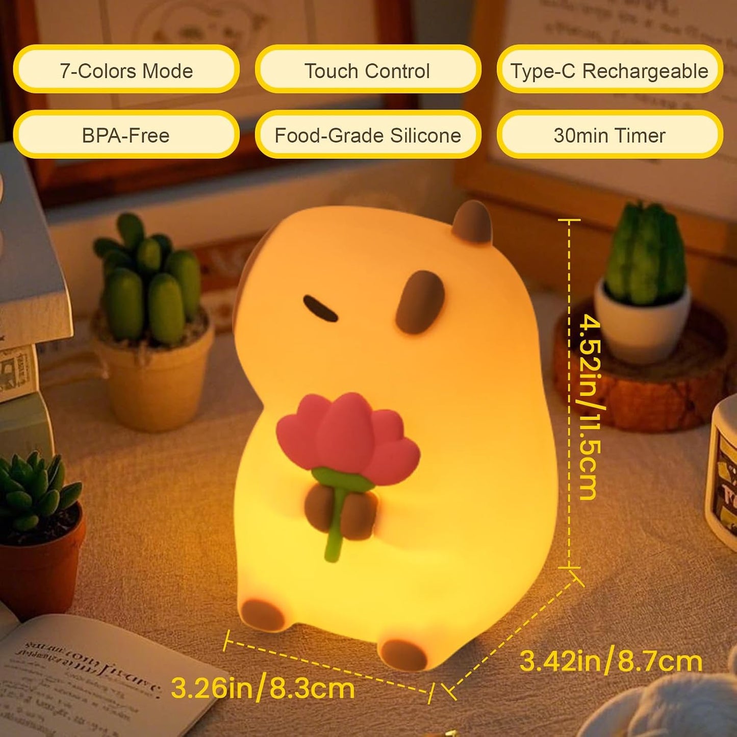 Capybara Night Light, 7-Color RGB, 3-Level Dimmable, Rechargeable | Cute Silicone Capybara Night Light, 7-Color RGB, 3-Level Dimmable, Touch Lamp, Rechargeable, 30-Min Timer, Gift for Kids