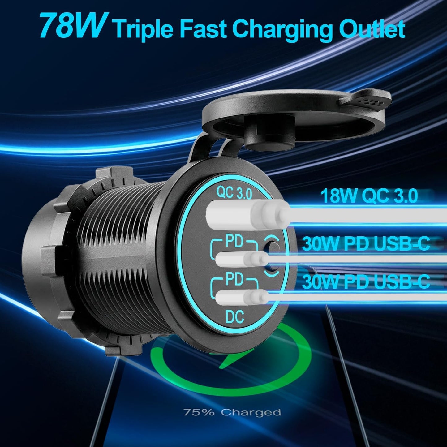 12v usb charger, PD 20W USB-C Power Socket and 18W QC3.0 Socket Waterproof Power Outlet 12V/24V with Power Switch 12V USB C Outlet for Car Golf Cart Boat Marine Bus Truck RV Marine Motorcycle etc.