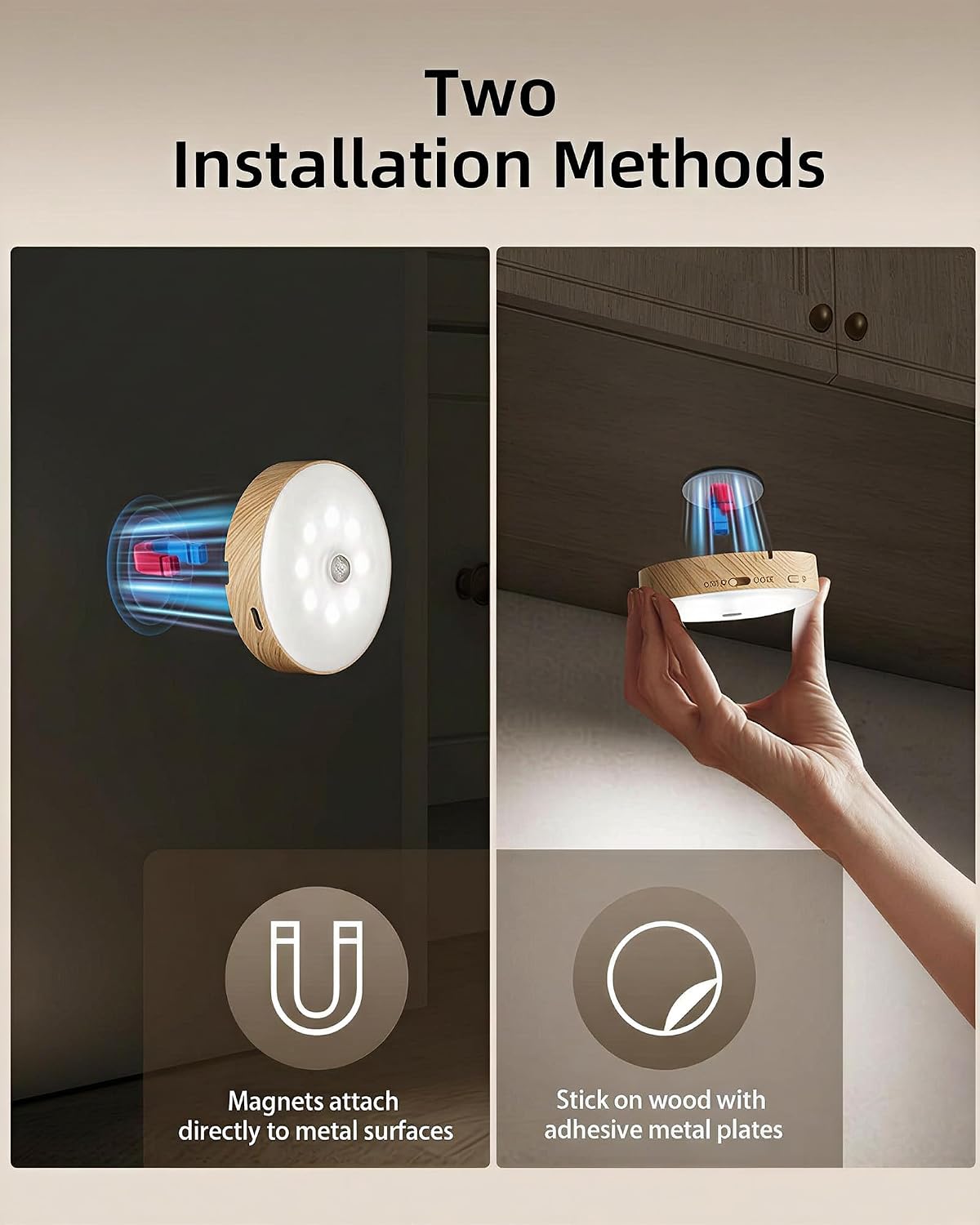 EZVALO Under Cabinet Lighting, 1000mAh Rechargeable Puck Lights with Remote, 3 Color Temps & 12 RGB Motion Sensor Closet Lights Indoor, Dimmable Under Counter Lights for Kitchen (Wood Grain, 6 Packs)