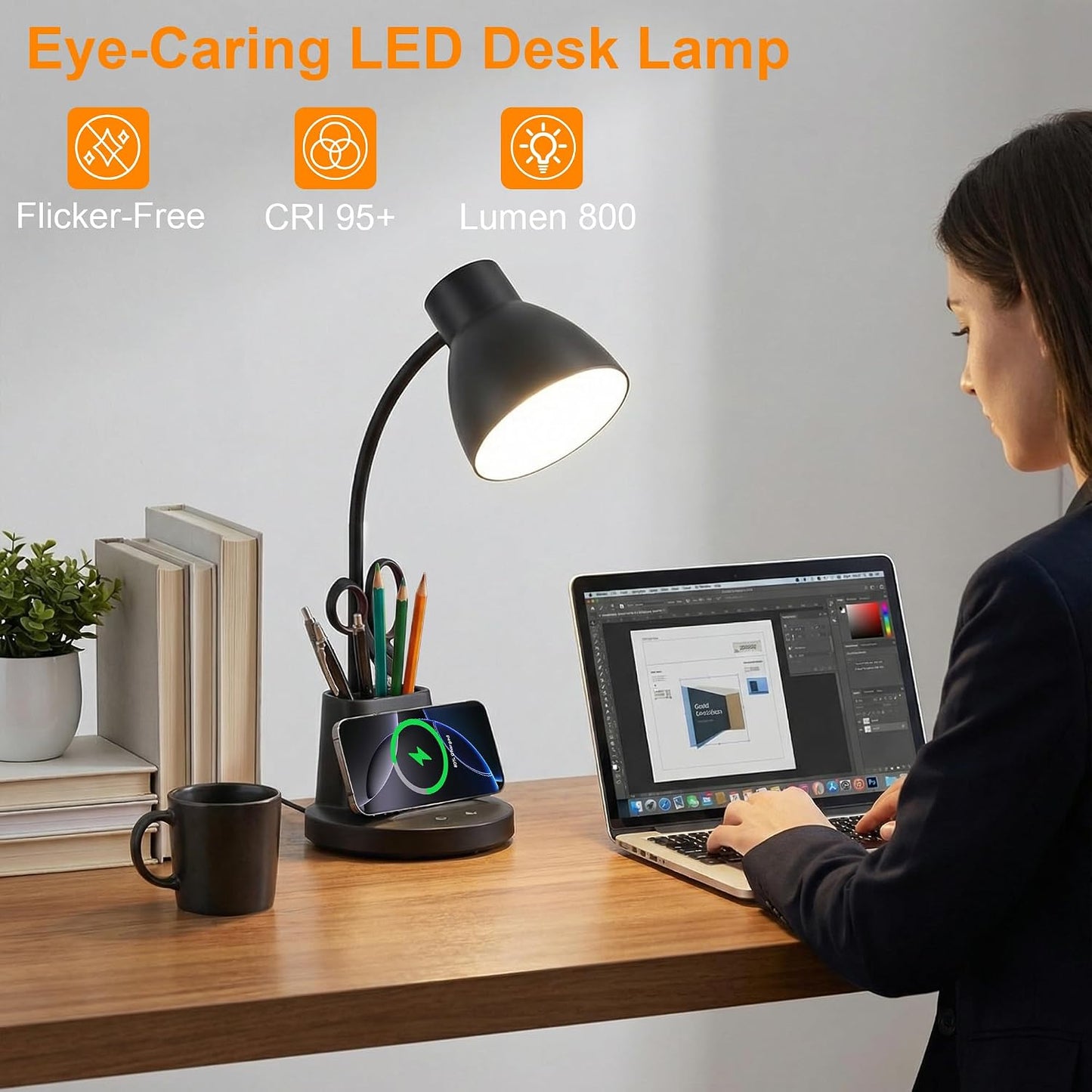 10W Wireless Charging LED Desk Lamp with Pen Holder, CRI 95, Black | 800LM, 3 Modes, 360°Flexible Arm, Touch, Brightness, Table Lamp for Home Office, Dorm, Bedside, Study, Reading, with Adapter