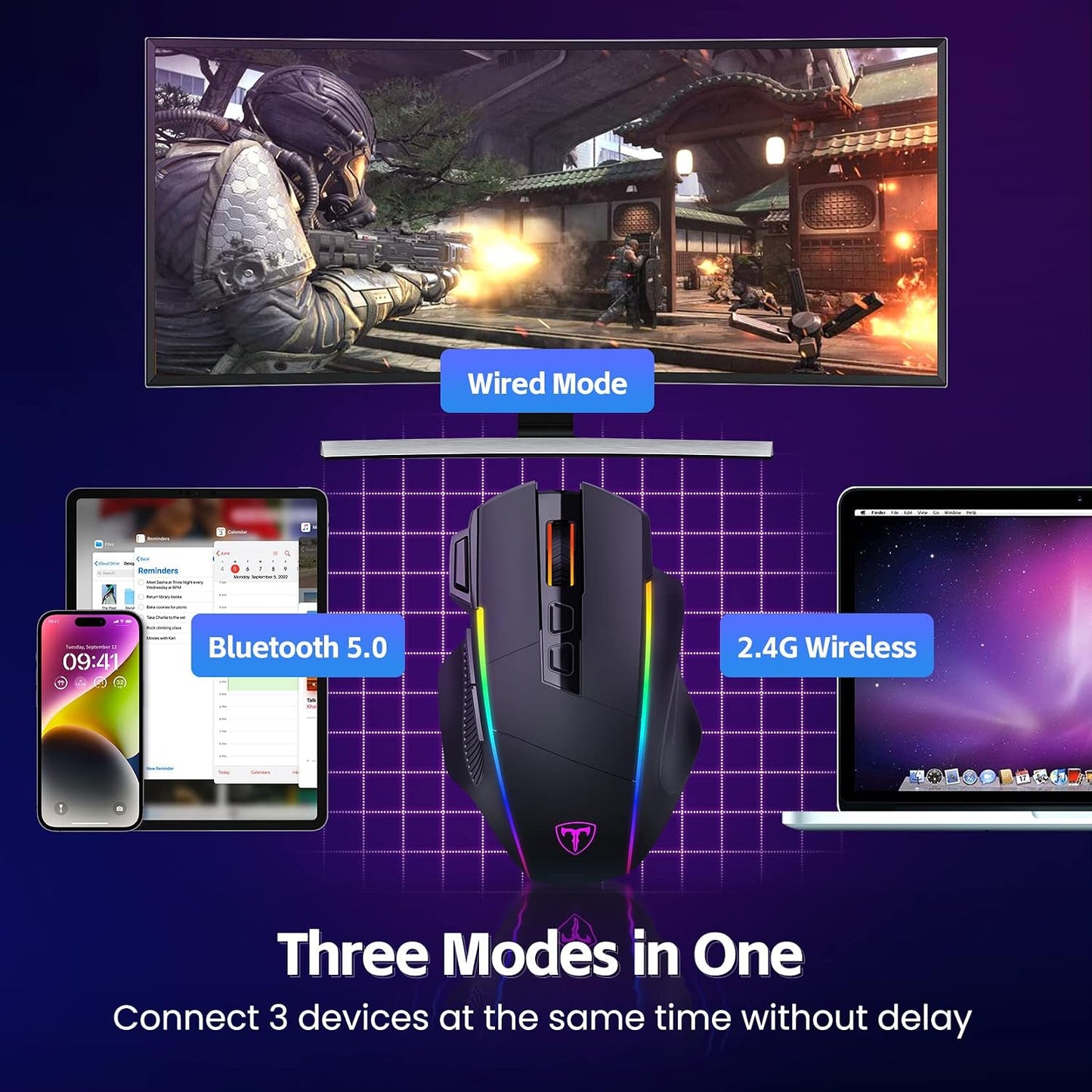 RisoPhy Wireless Gaming Mouse, 3-Mode 2.4G/USB-C/Bluetooth with RGB Backlit | 6 Level 10000DPI, Ergonomic Design, 8 Programmable Buttons, 58H Capacity Rechargeable, Computer Mouse for PC/Mac/Laptop