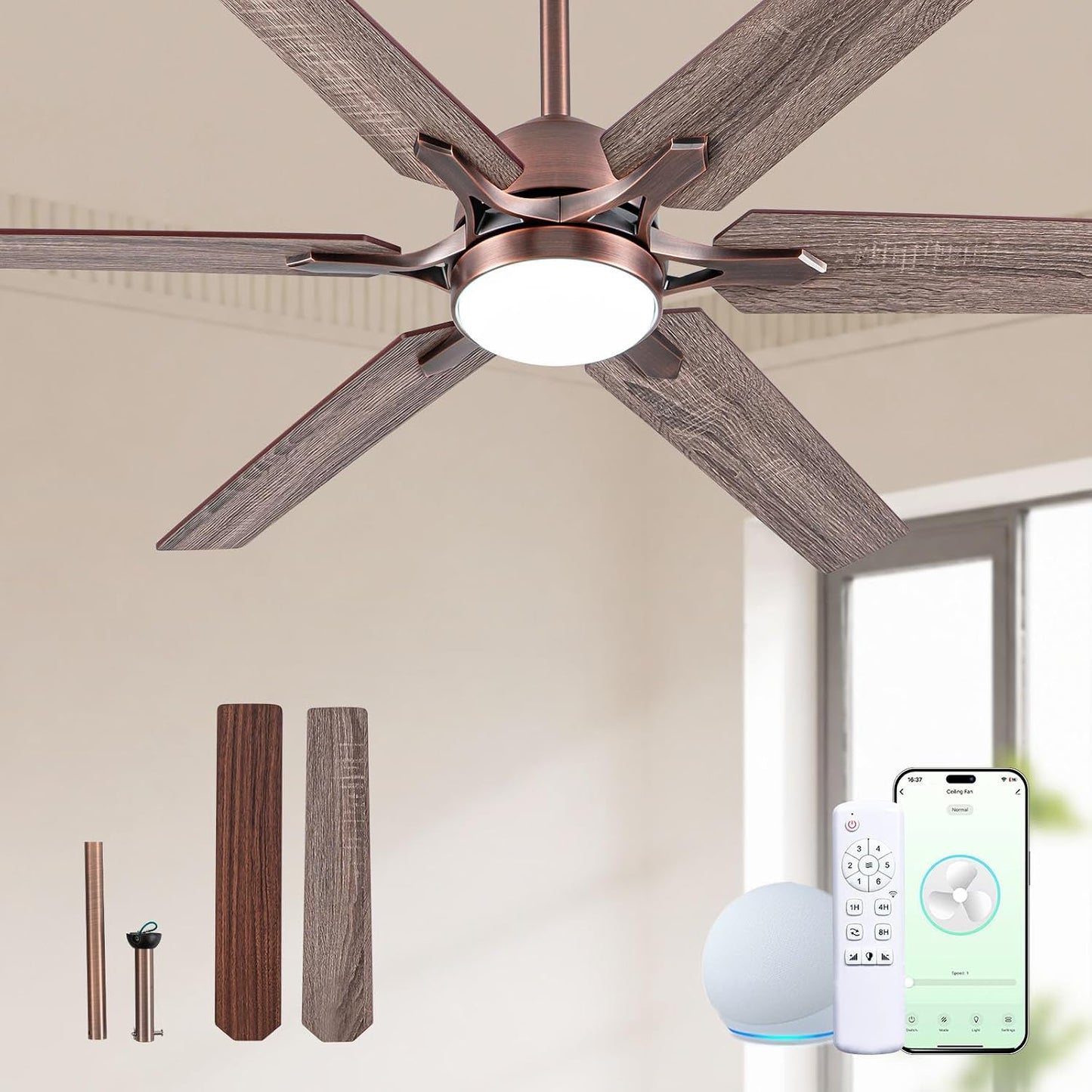 52" Smart Bronze Ceiling Fan with Light and Alexa Control in Indoor Space | Alexa/APP Controls,Quiet Reversible DC motor,Up to 6064CFM High Airflow,Dimmable,Timer,Dual Finish 6 Blades for Living room