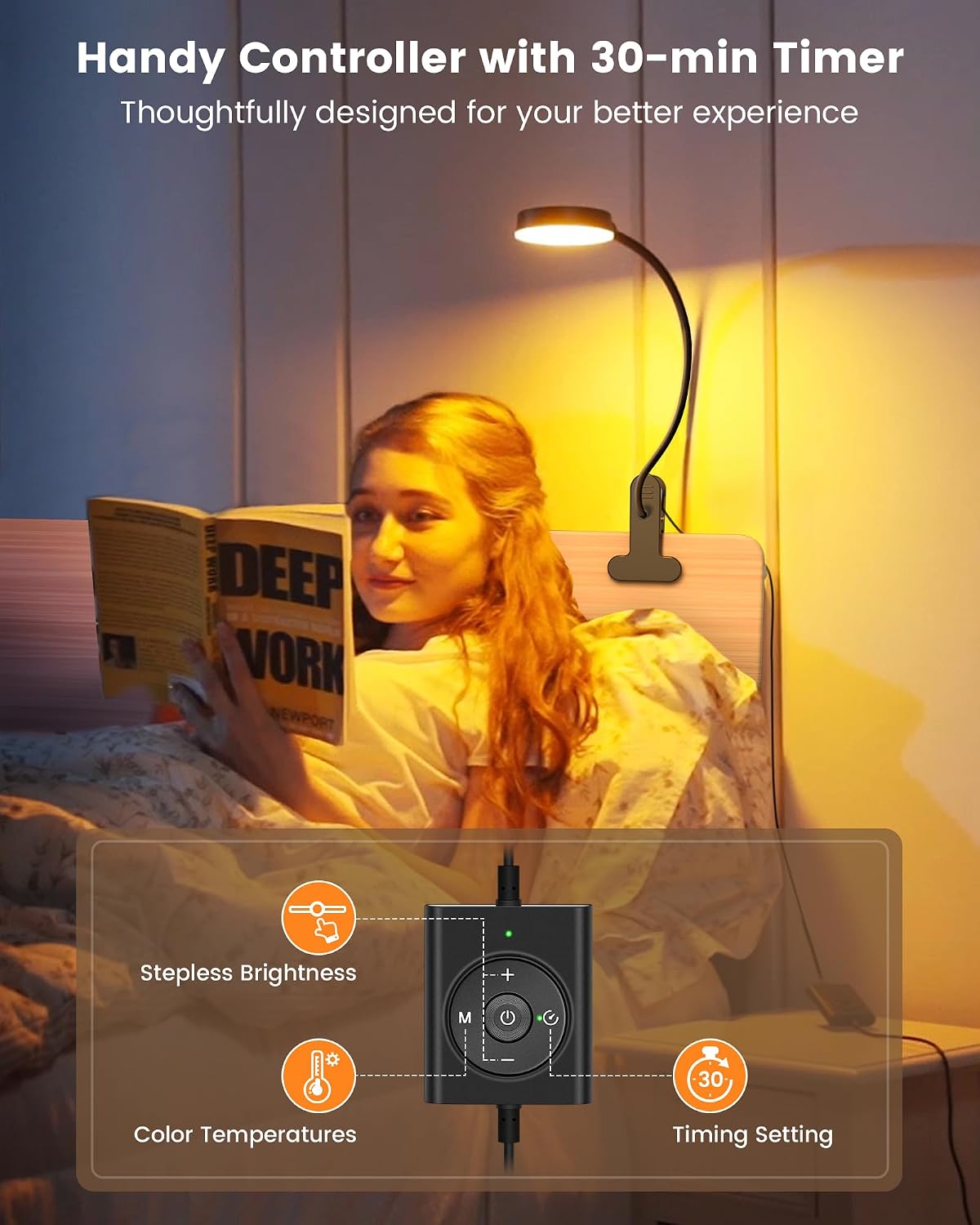 Glocusent 5W Clip on Light, 3 Colors & 5 Brightness Reading Light for Bed | Flexible Gooseneck Clip on Lamp, 30-Min Timer, Reading Lamp, Perfect Desk Lamp for Dorm,Bunk,Bed,Headboard,Table,Work,Craft