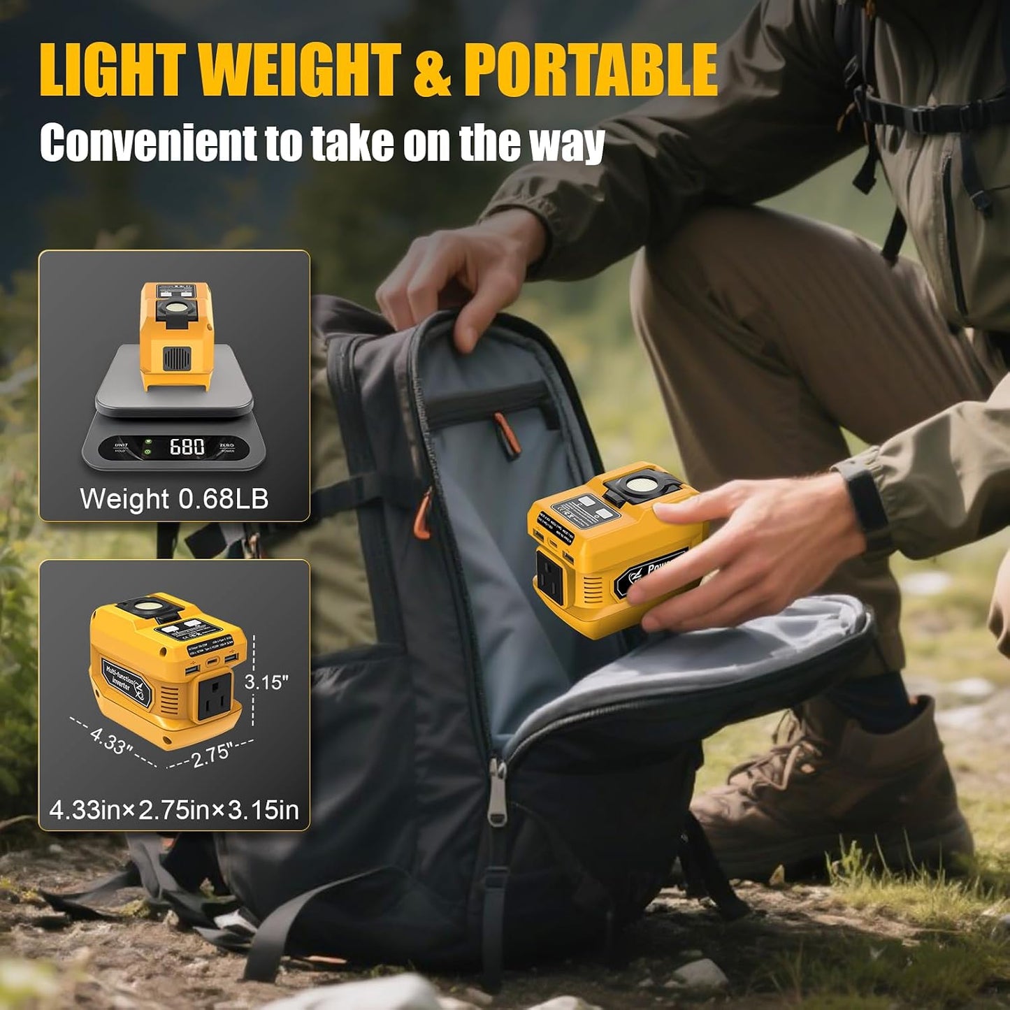220W Portable Power Inverter Compatible with Dewalt 20V Battery | DC 20V to AC 110V Battery Inverter, 400LM LED Light, 1 AC Outlet, 2 USB & 1 Type‑C Fast Charging (Battery Not Included)