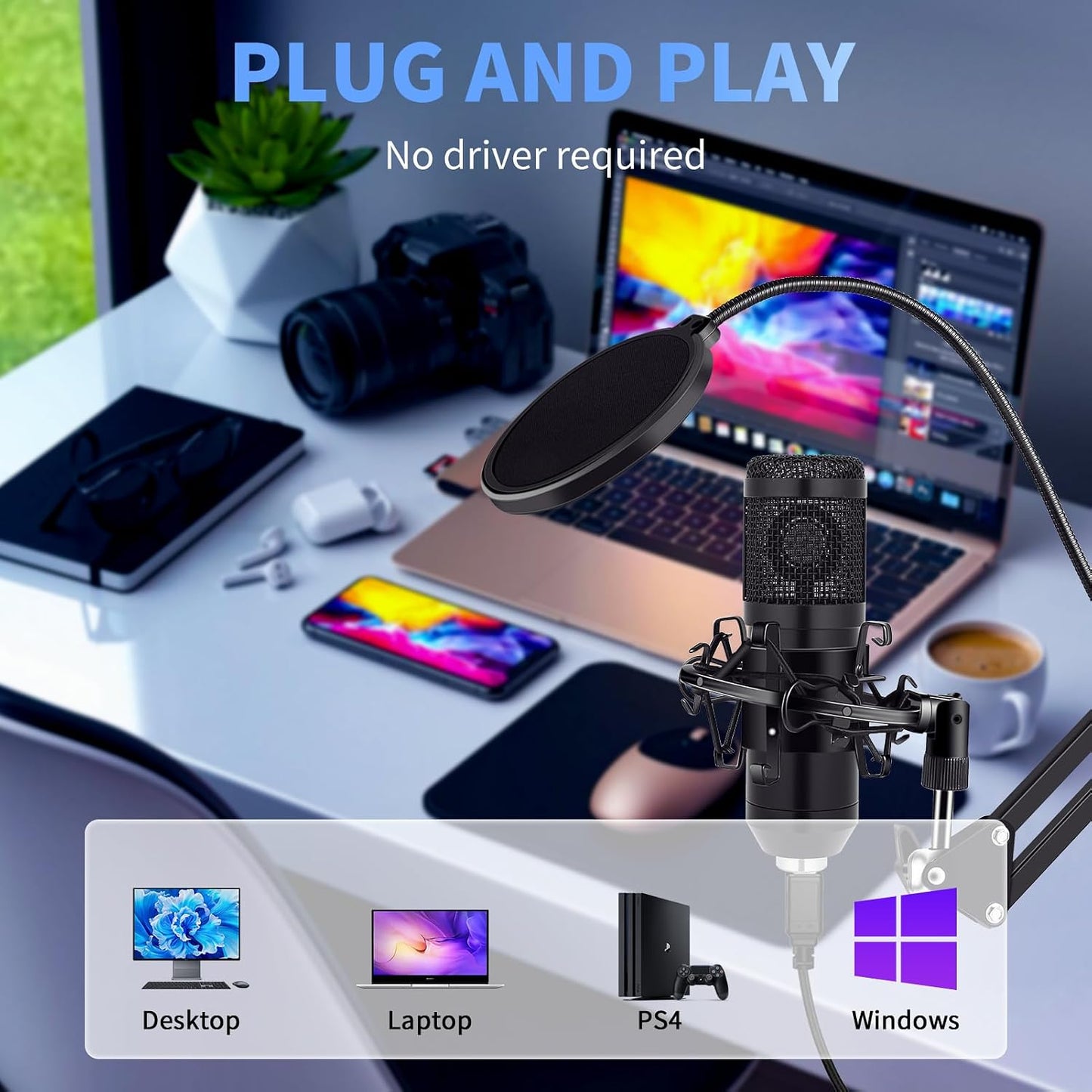 GUHUS USB Condenser Microphone,Computer PC Microphone Kit with Adjustable Boom Arm Stand Shock Mount for YouTube Vocal Gaming Streaming