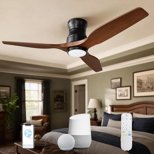 Smart 52" Wood Flush Mount Ceiling Fan with Remote Control, Walnut