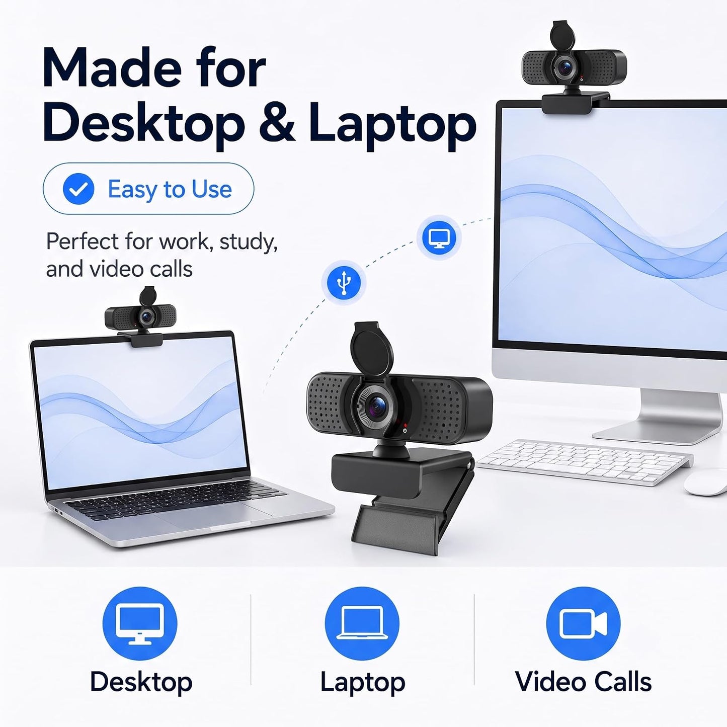 4K UHD Webcam with PDAF Autofocus, Dual Mics, USB-C Adapter, Privacy Cover | 87° view, auto white balance, low-light correction, 360° rotation, 35° tilt, 1.5 m USB-A cable and mini tripod