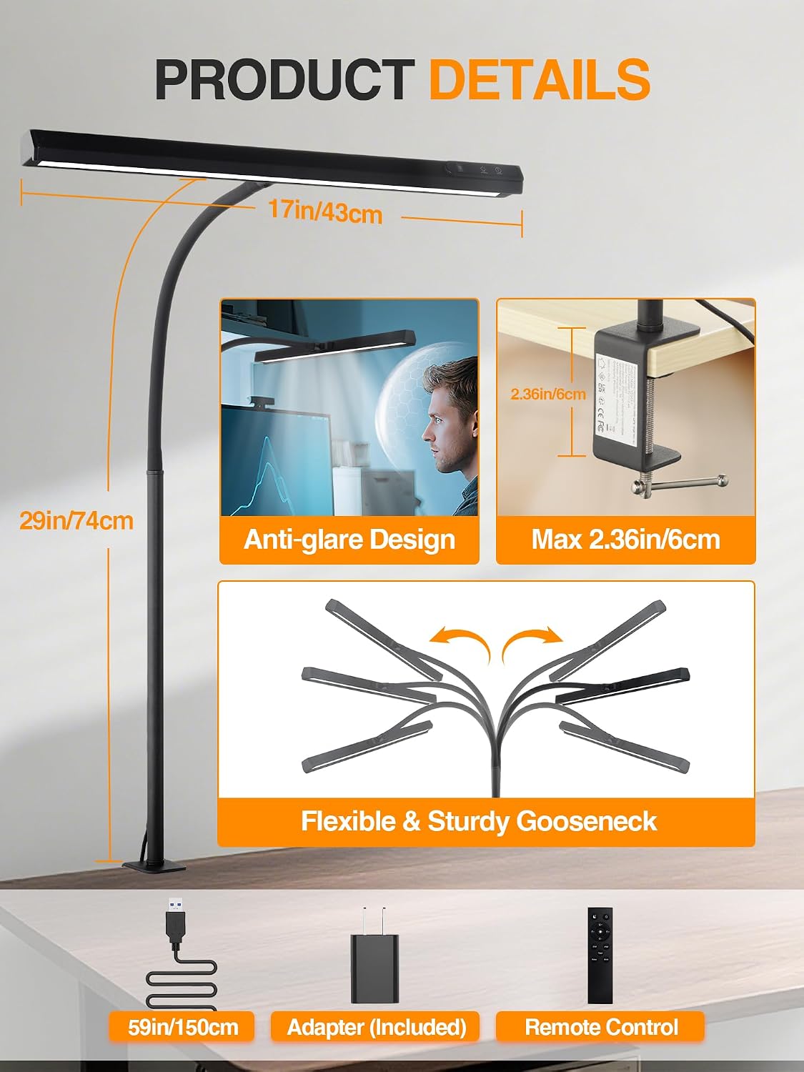 Desk Light,1000 Lumen Bright+5 Color+9 Brightness LED Desk Lamp with Remote