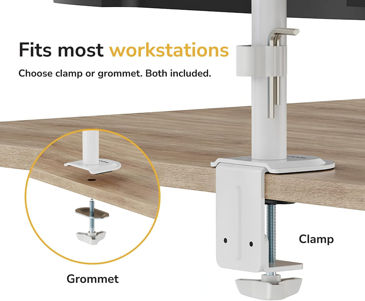Mount-It Dual Monitor Mount for Desk, Full Motion White Steel 17-32 in | Desk Stand for 2 Monitors, 19.8 lbs per Arm, VESA 75x75 100x100, C-Clamp and Grommet, Cable Management, Height Adjustable