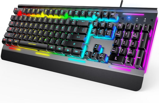 TECKNET Wired Gaming Keyboard, RGB Backlit Keyboard with Metal Panel Design | 15-Zone RGB Illumination, Whisper Quiet Design, IP32 Water Resistance, 25 Anti-ghosting Keys, Ergonomic Design